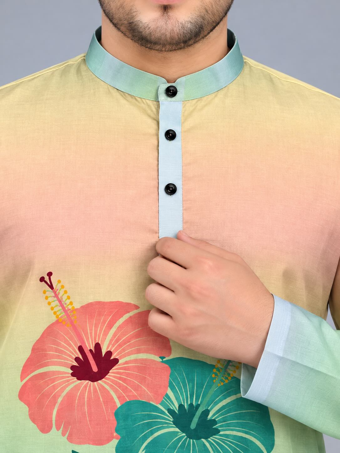 Pastel Hibiscus Digital Printed Men's Plus Size Kurta
