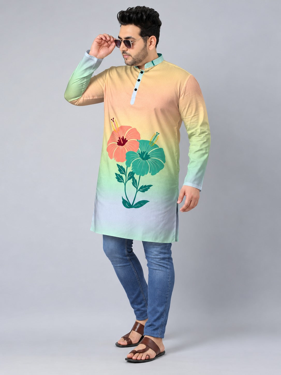 Pastel Hibiscus Digital Printed Men's Plus Size Kurta