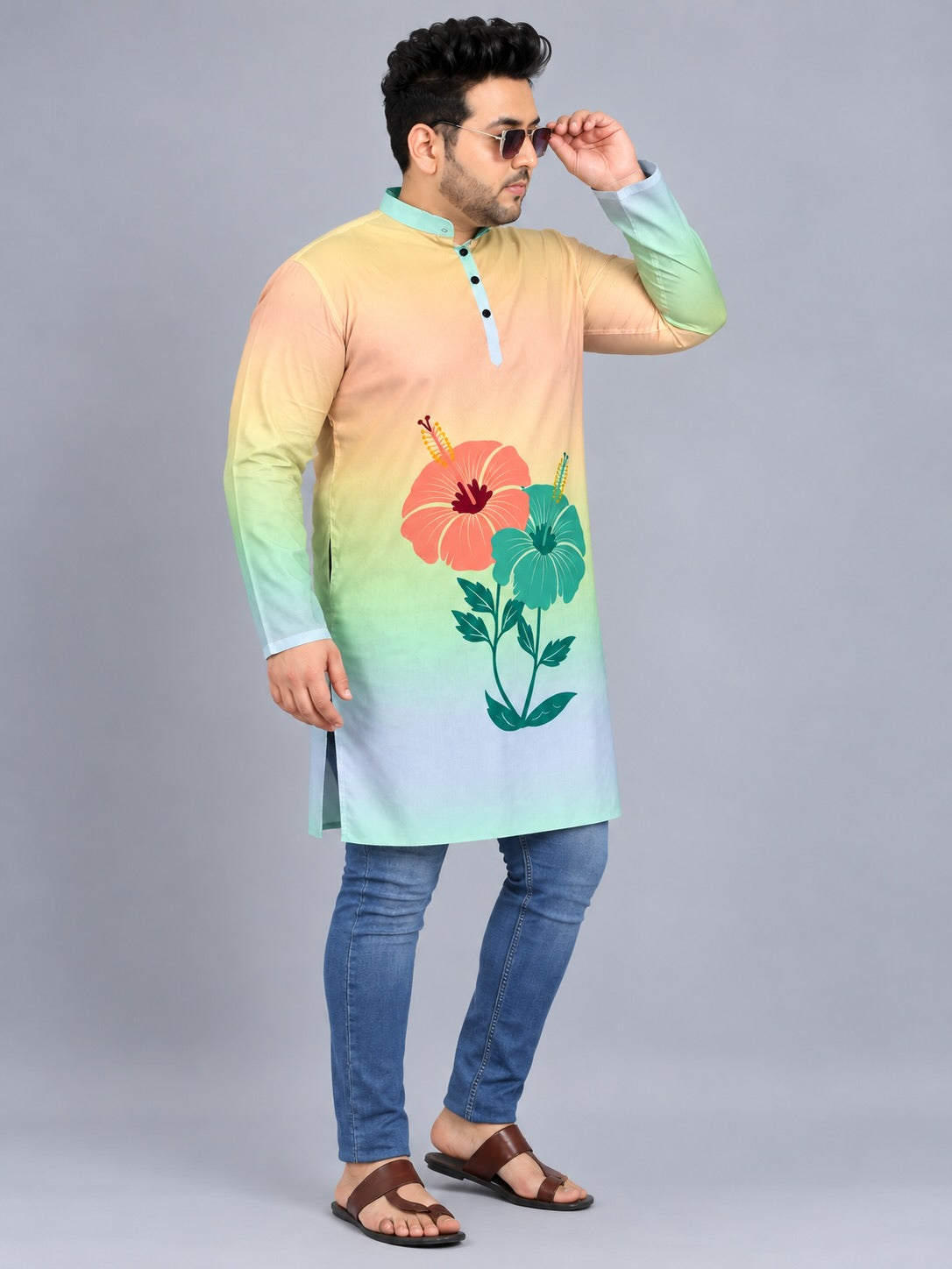 Pastel Hibiscus Digital Printed Men's Plus Size Kurta