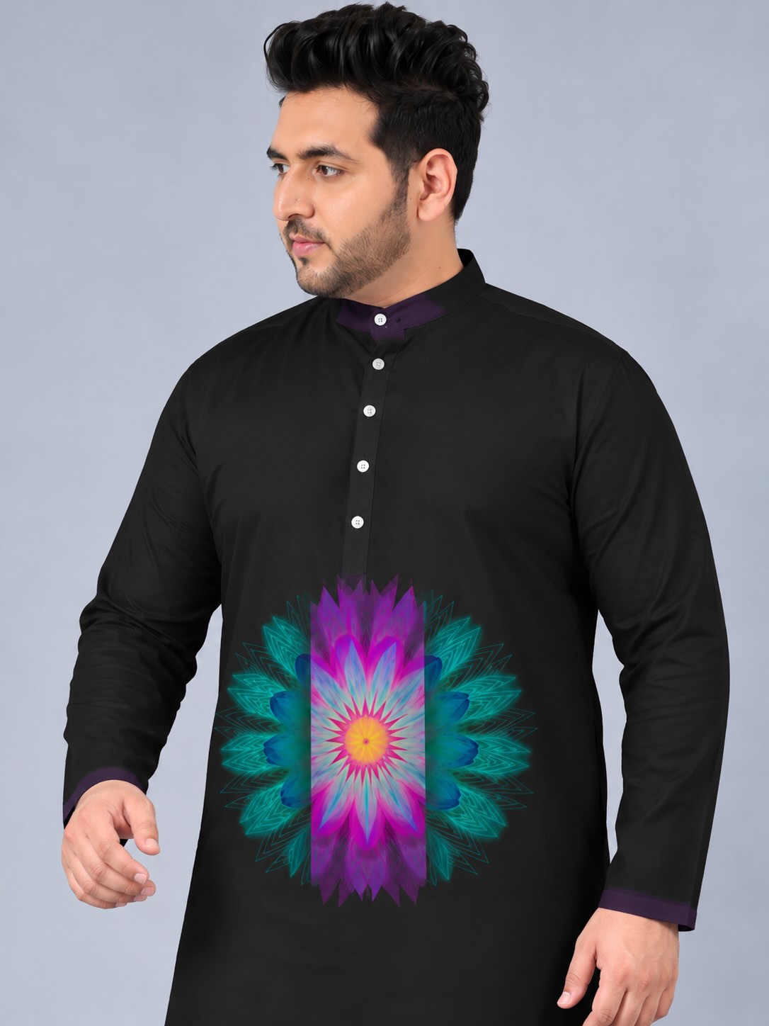 Neon Lotus Digital Printed Men's Plus Size Kurta