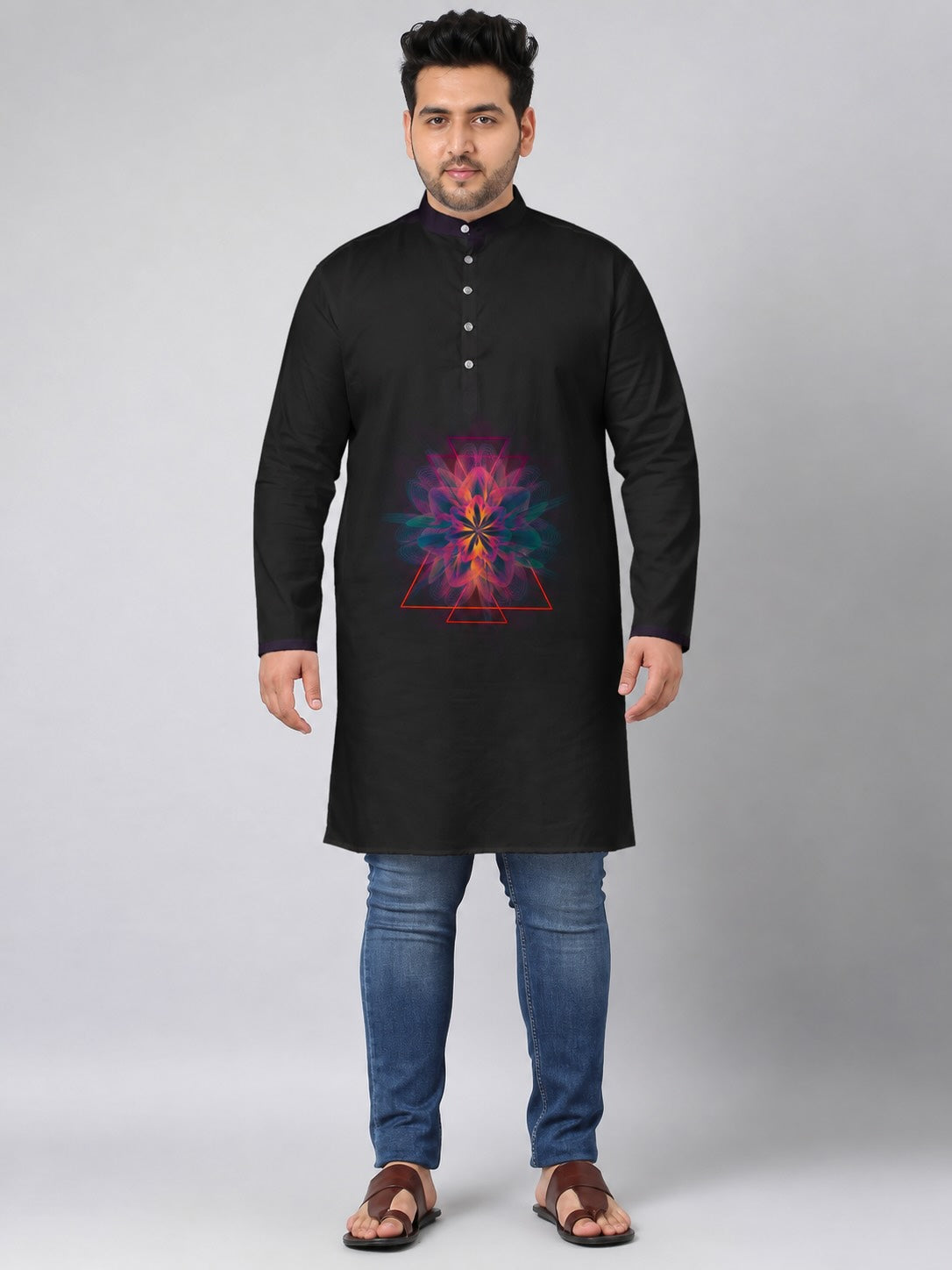 Neon Mandala Digital Printed Men's Plus Size Kurta