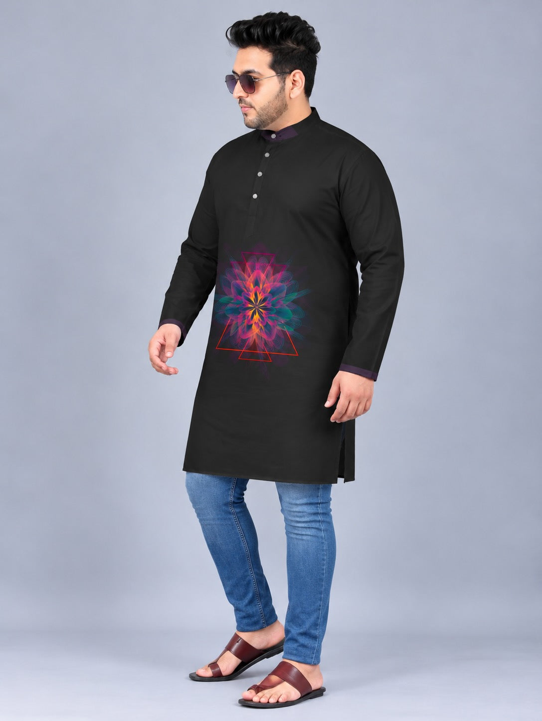 Neon Mandala Digital Printed Men's Plus Size Kurta
