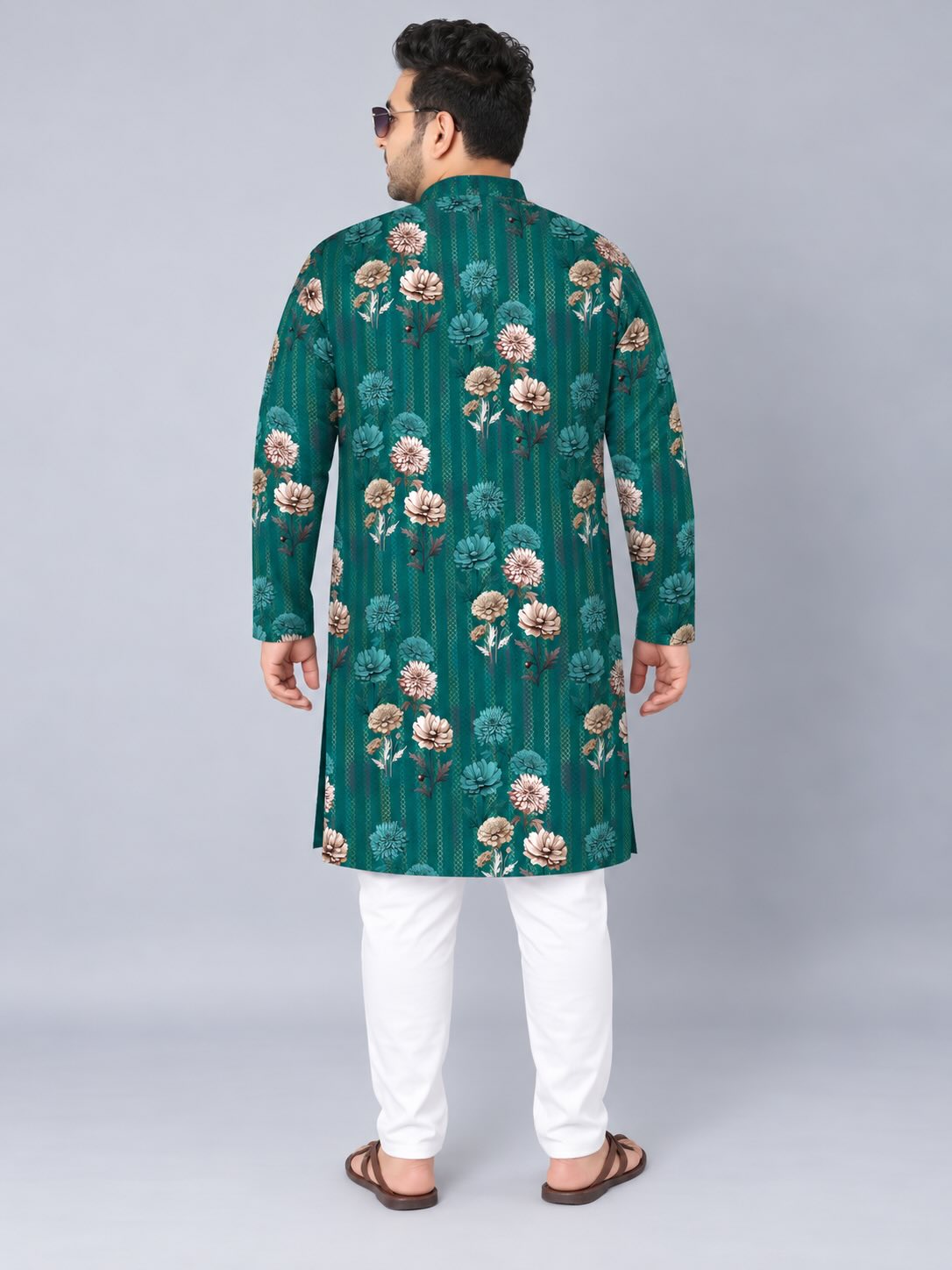 Teal Floral Digital Printed Men's Plus Size Kurta