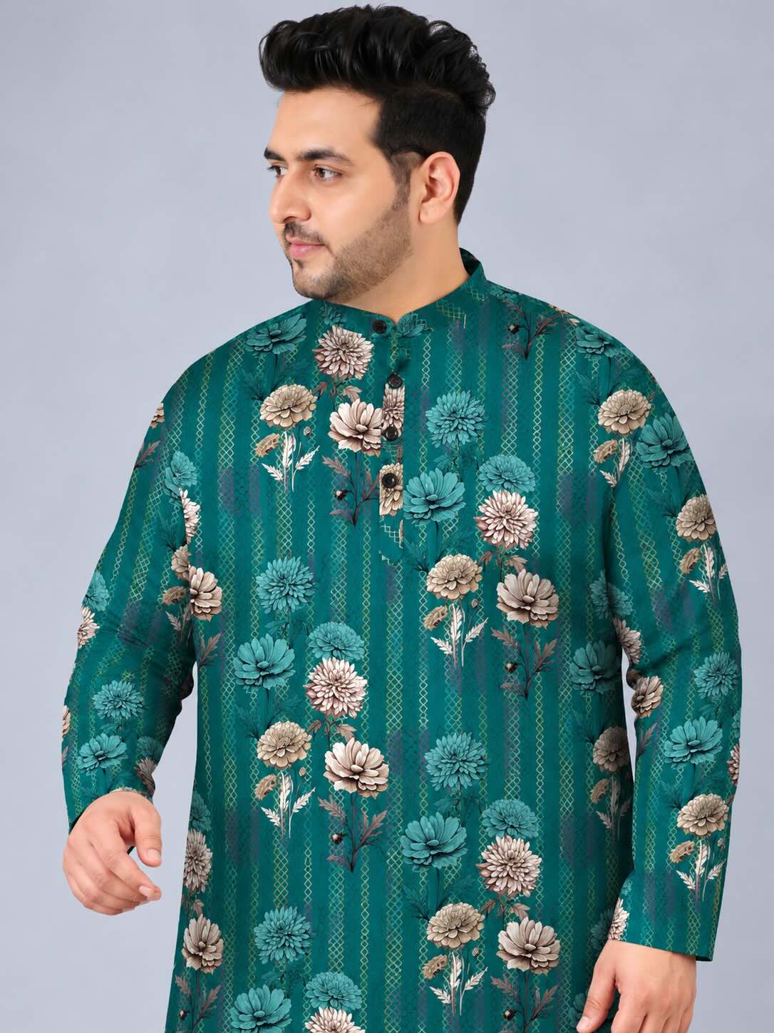 Teal Floral Digital Printed Men's Plus Size Kurta