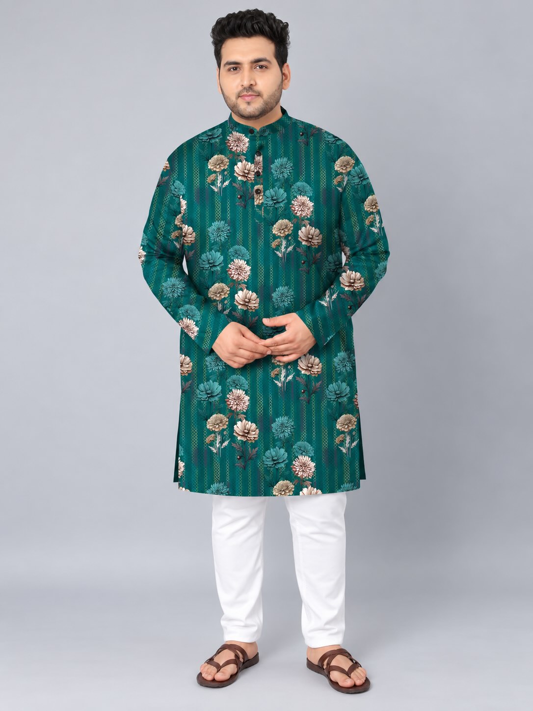 Teal Floral Digital Printed Men's Plus Size Kurta