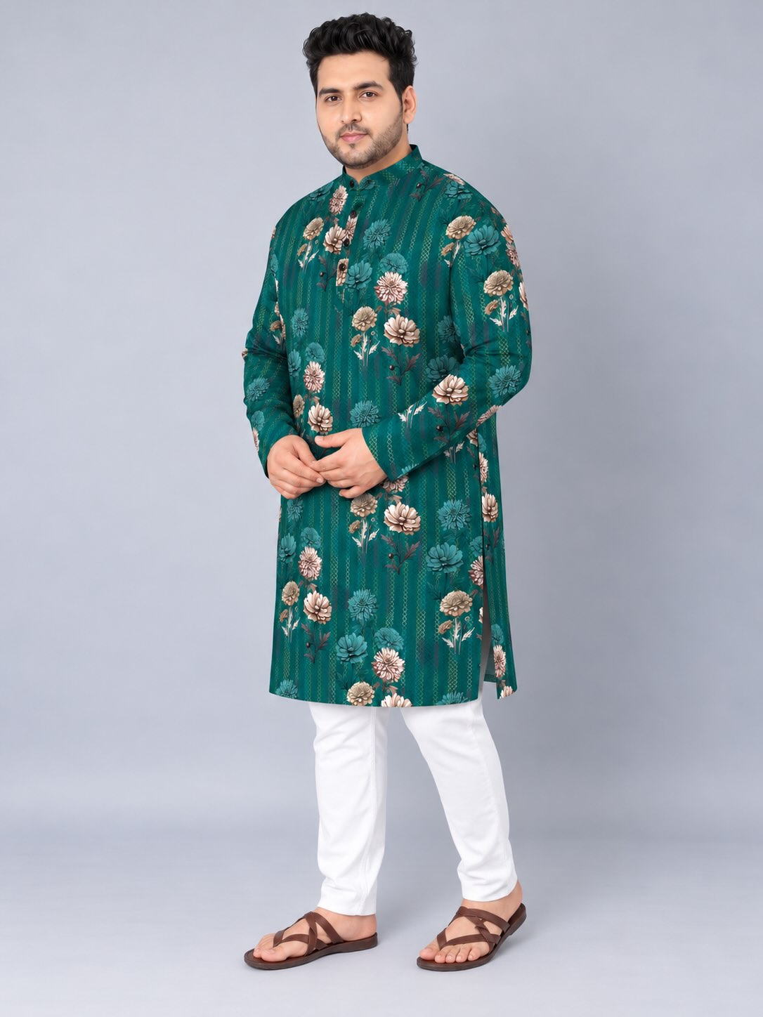 Teal Floral Digital Printed Men's Plus Size Kurta
