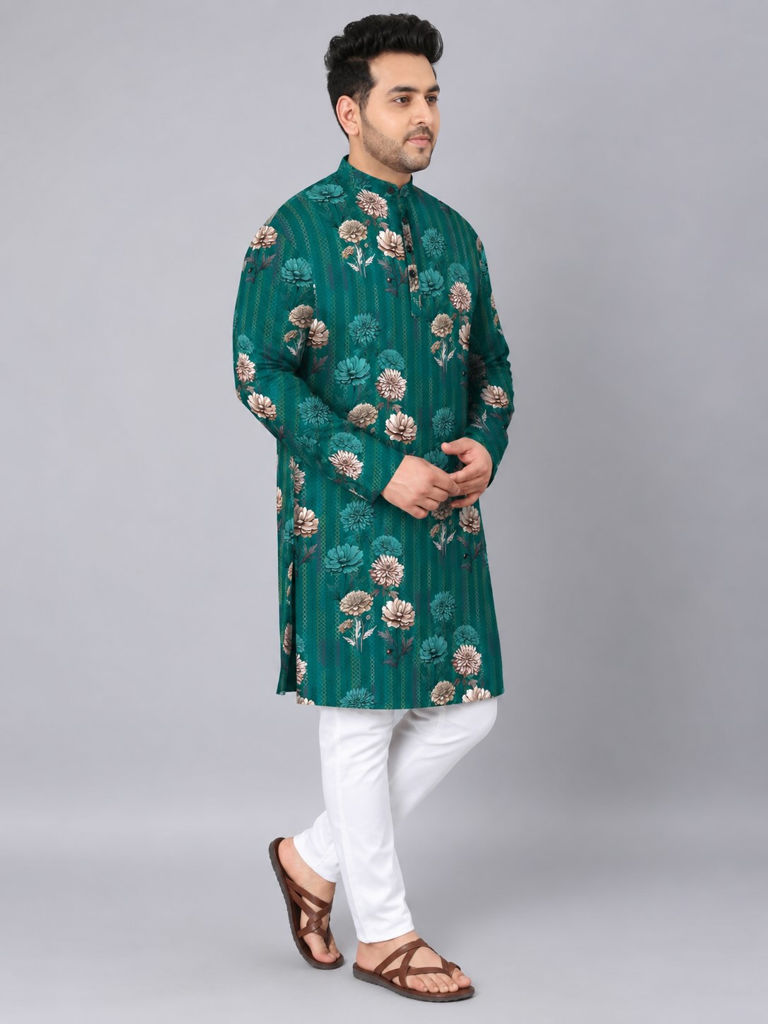 Teal Floral Digital Printed Men's Plus Size Kurta