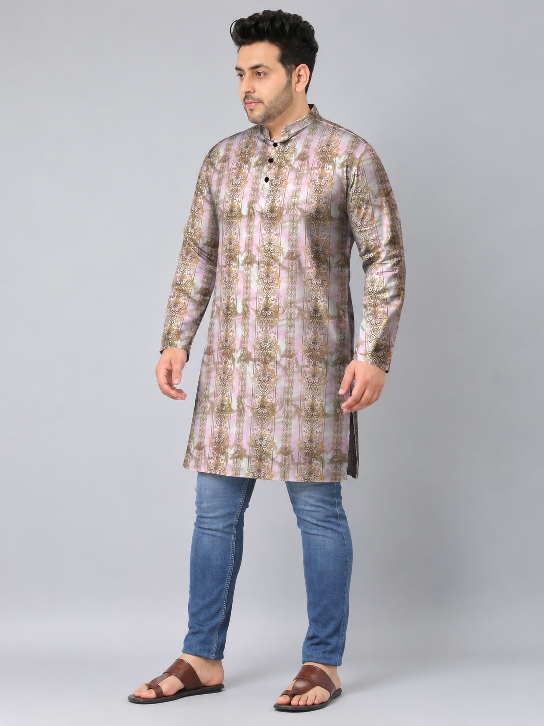 Blush Gold Digital Printed Men's Plus Size Kurta