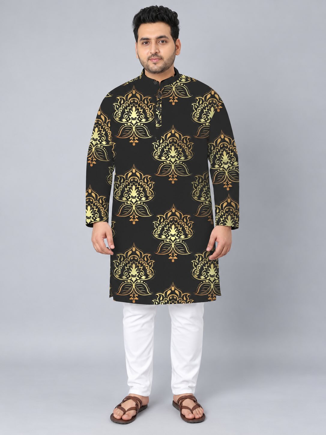 Black Gold Motif Digital Printed Men's Plus Size Kurta
