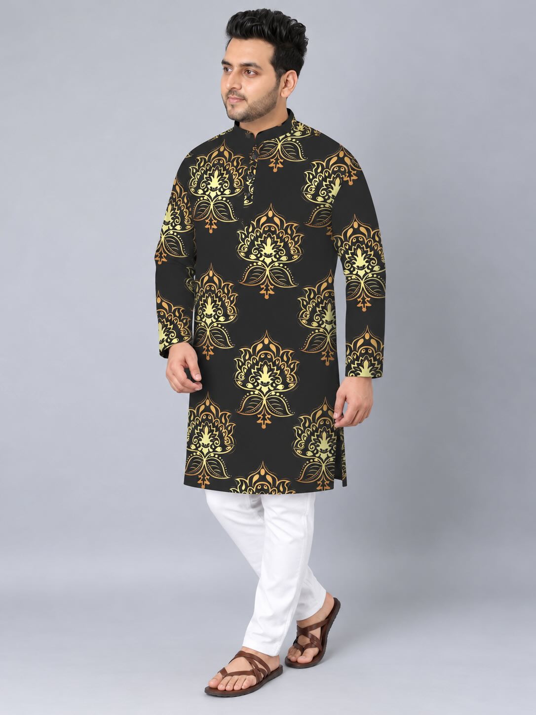 Black Gold Motif Digital Printed Men's Plus Size Kurta