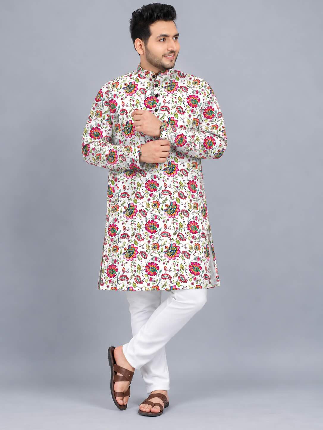 Floral Kalamkari Digital Printed Men's Plus Size Kurta