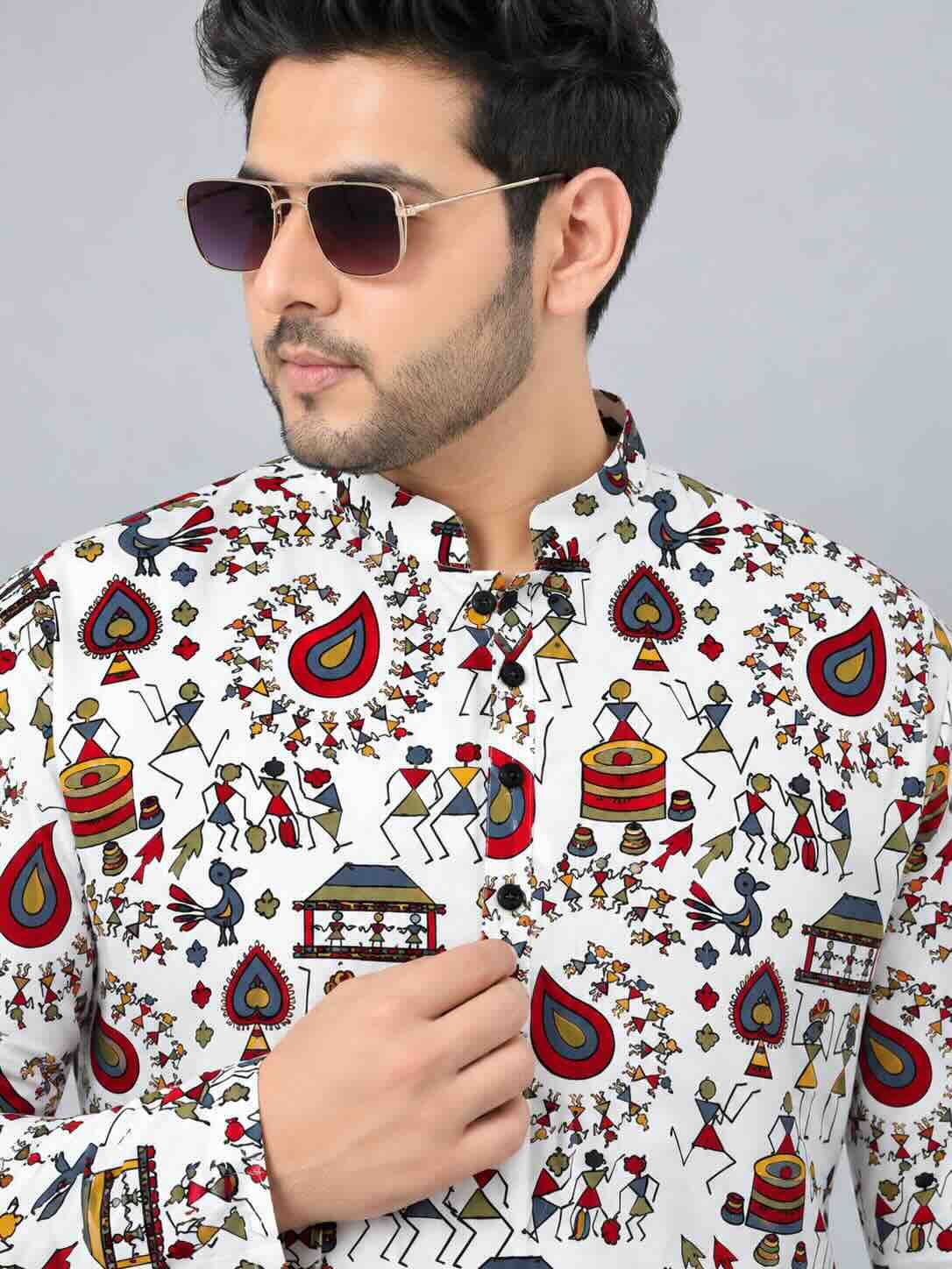 Tribal Folk Fusion Digital Printed Men's Plus Size Kurta