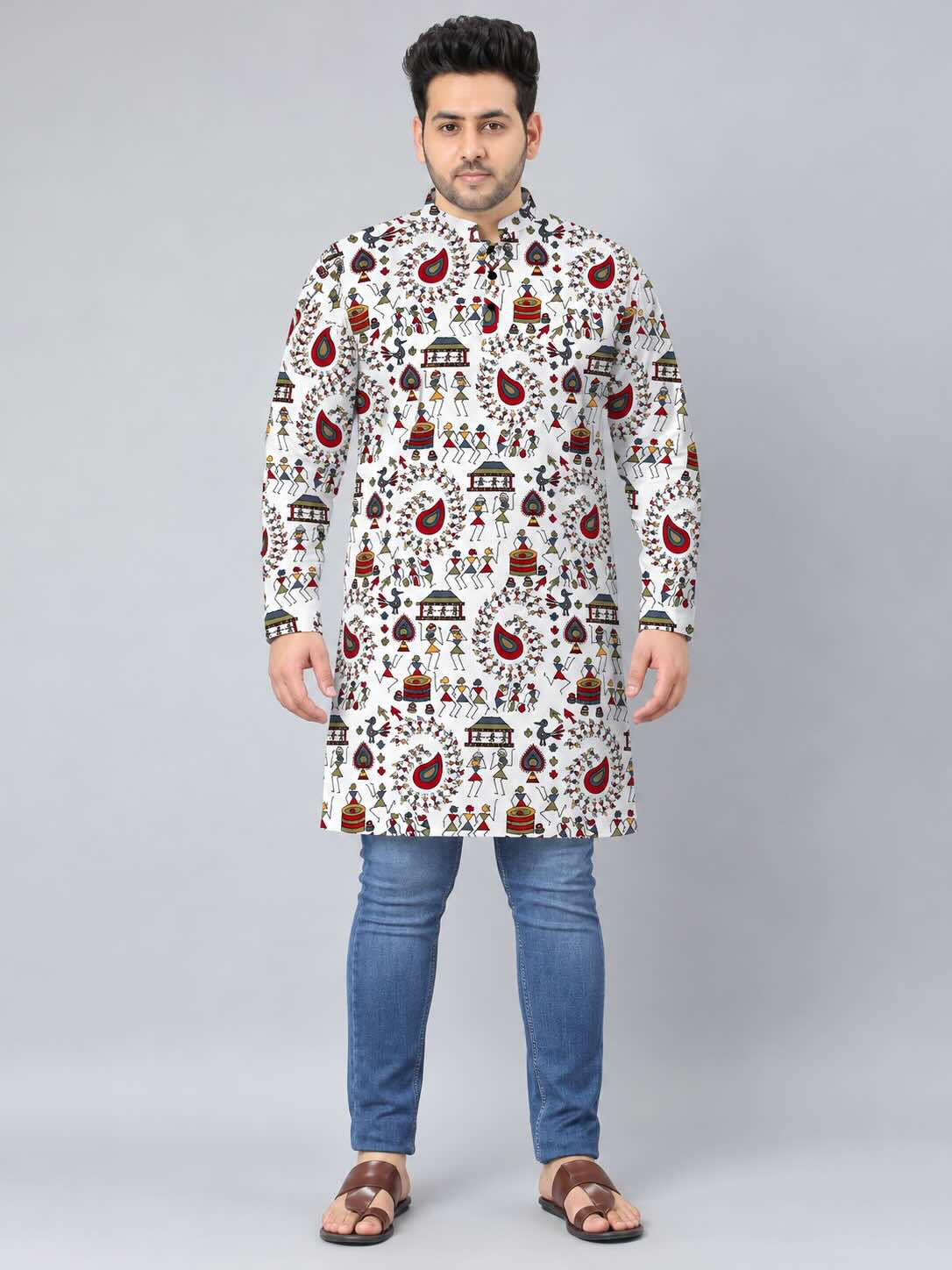 Tribal Folk Fusion Digital Printed Men's Plus Size Kurta