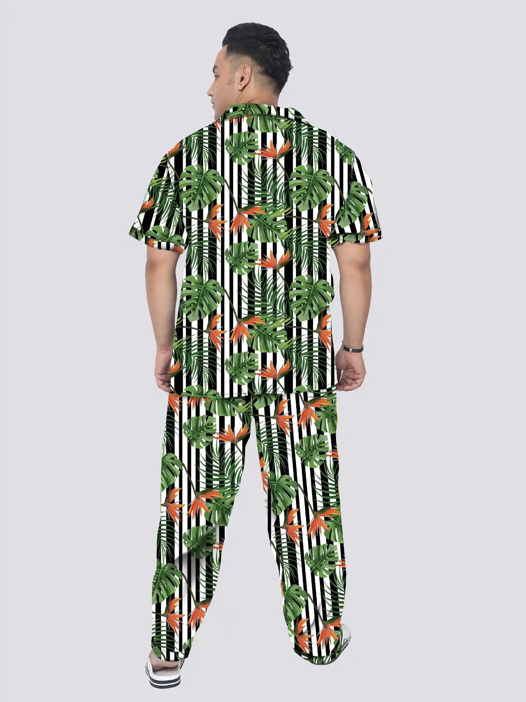 Tropical Plants With Striped Plus Size Men's Full Co-ord Set