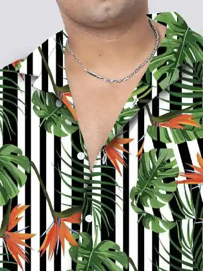 Tropical Plants With Striped Plus Size Men's Full Co-ord Set