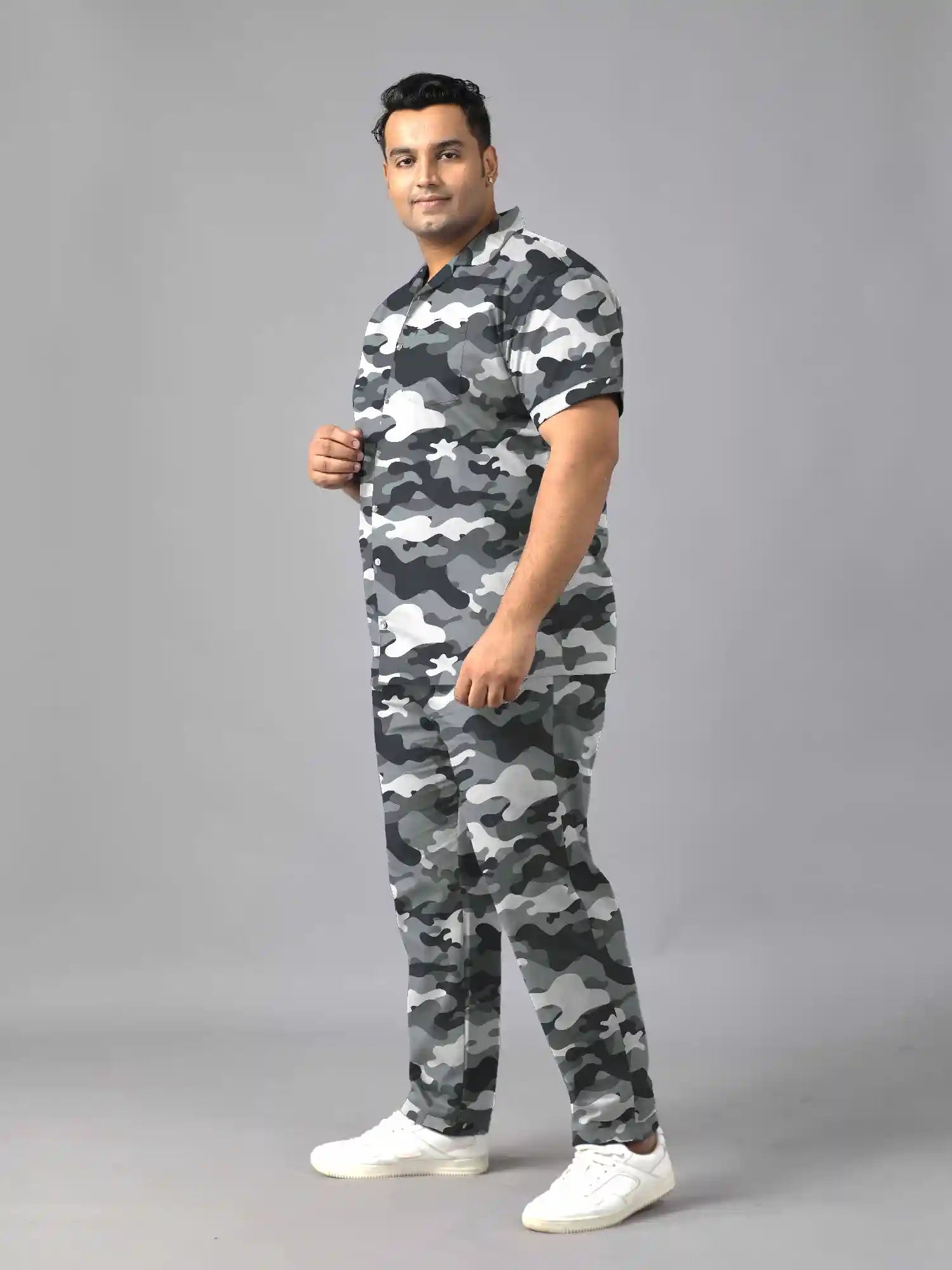 Grey Camo Printed Plus Size Men’s Full Co-ord Set