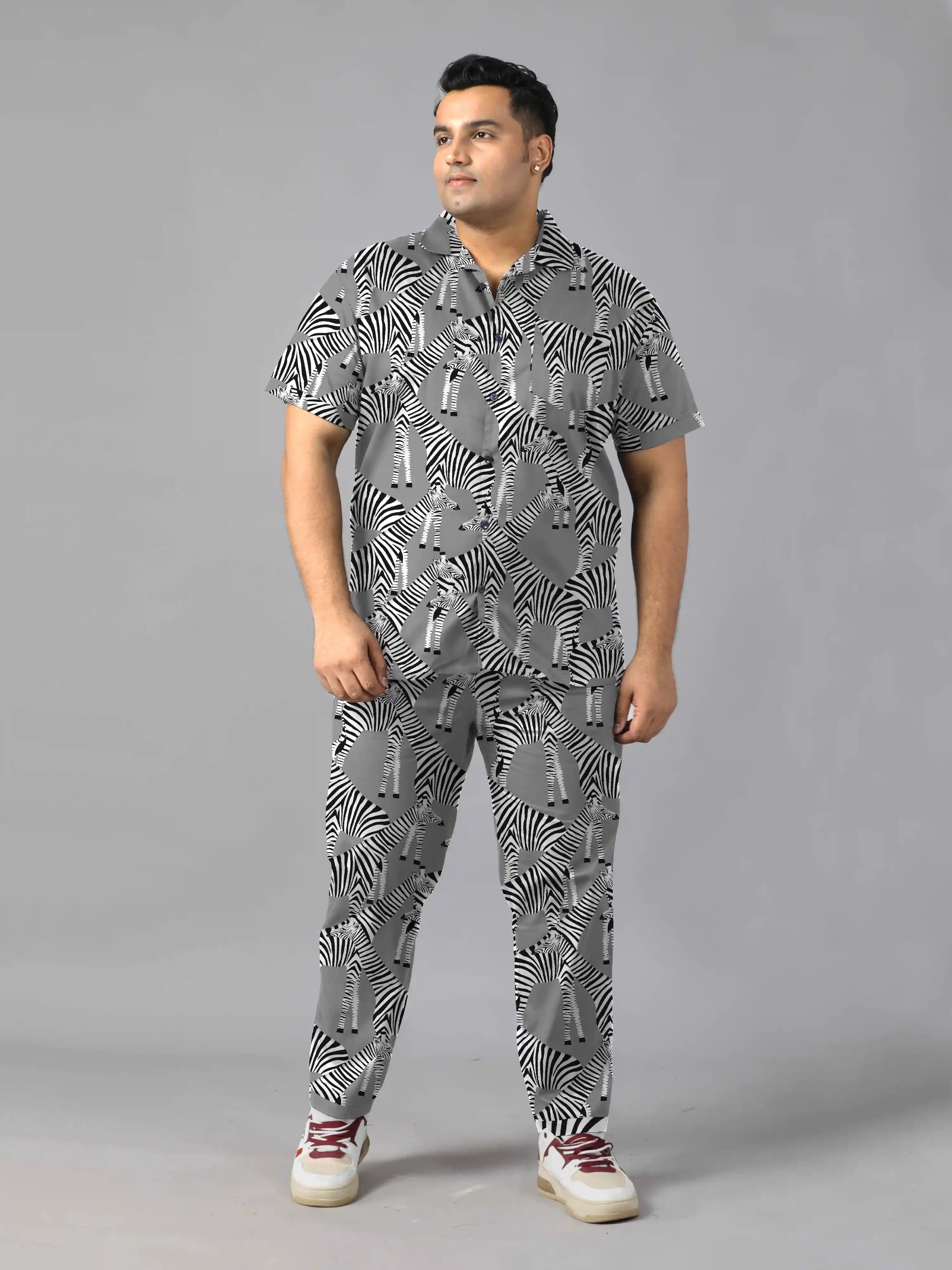 Multiple Zebras Grey Digital Printed Plus Size Men's Full Co-ord Set