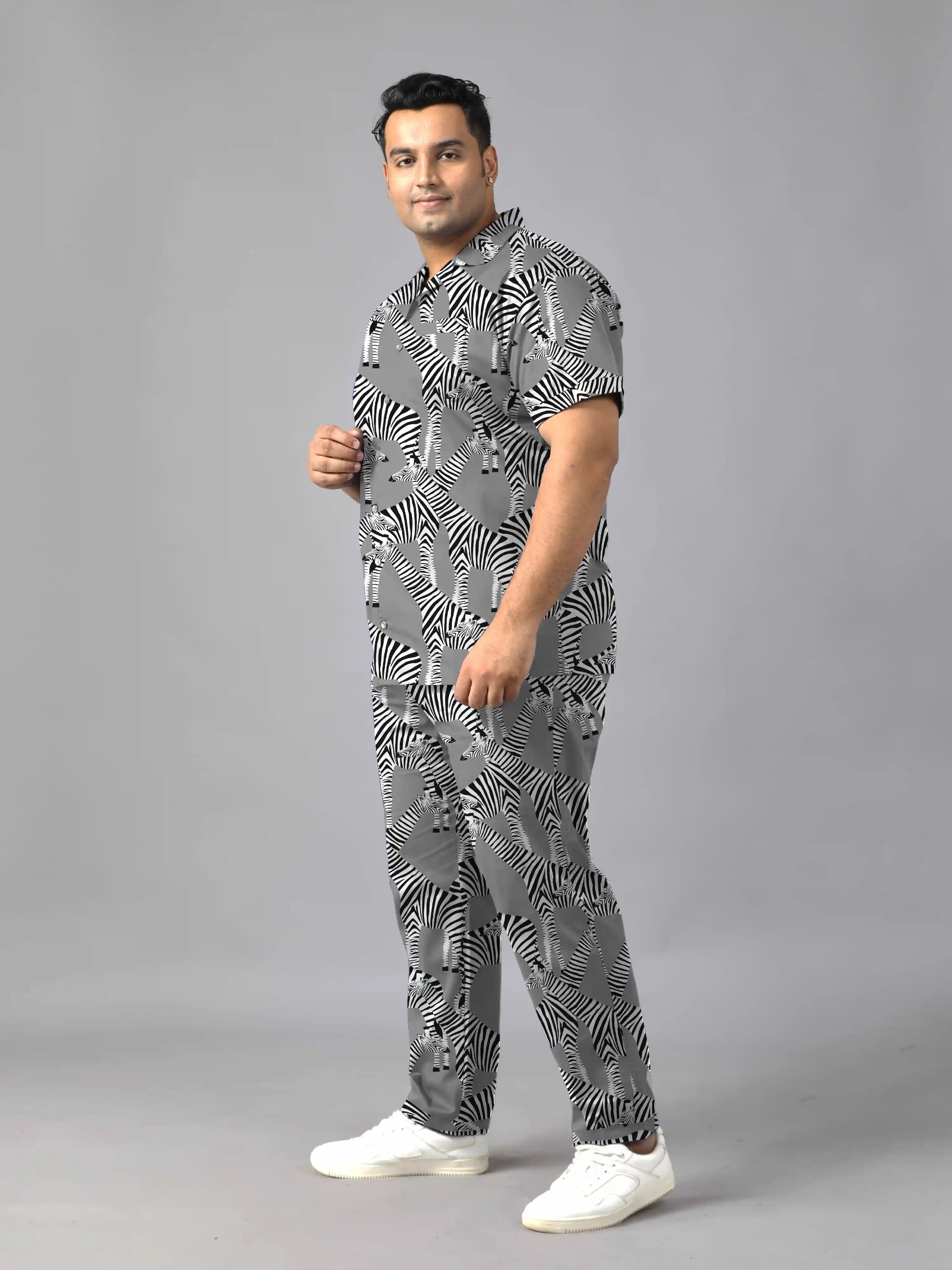 Multiple Zebras Grey Digital Printed Plus Size Men's Full Co-ord Set