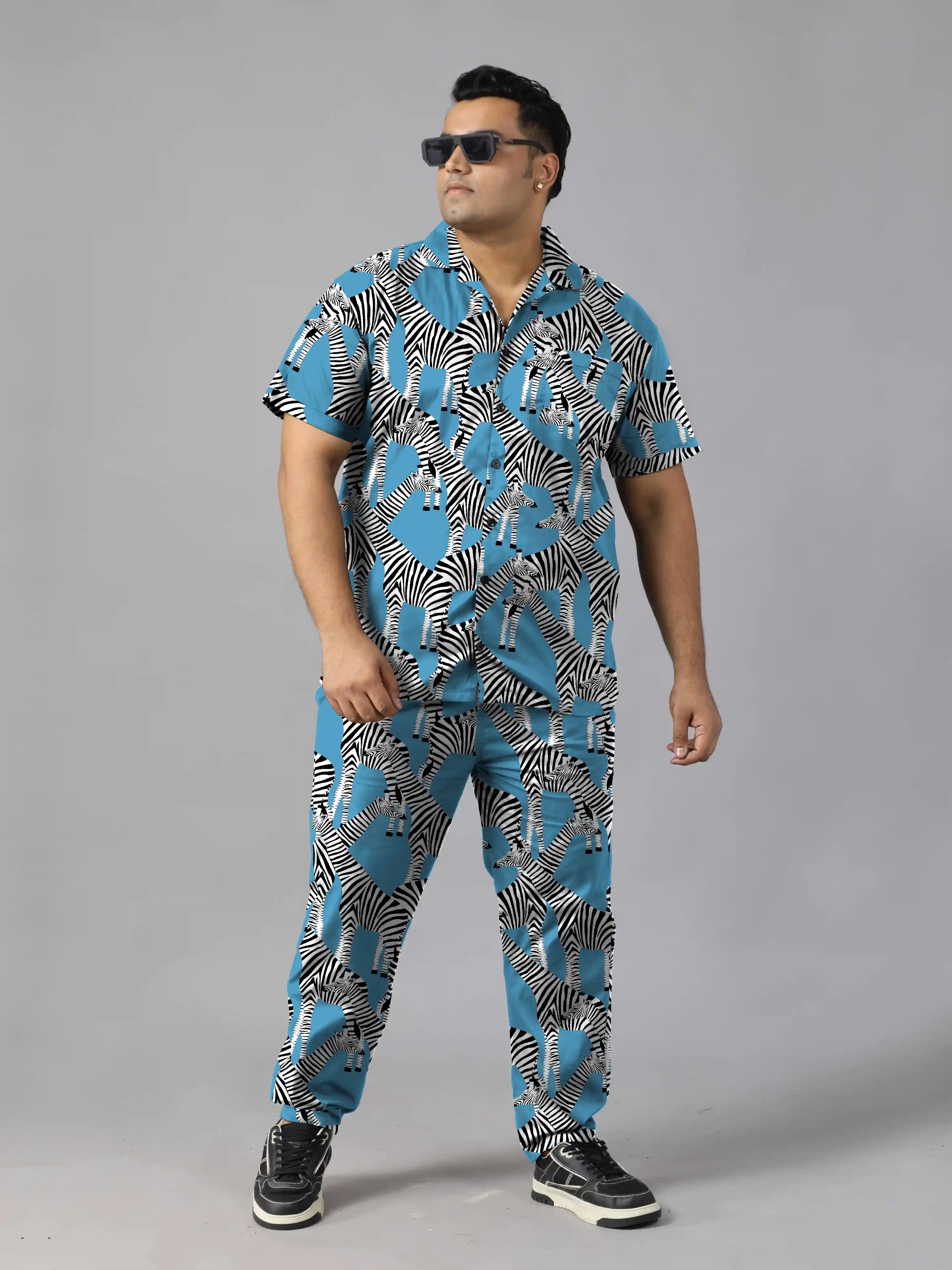 Multiple Zebras Blue Digital Printed Plus Size Men's Full Co-ord Set