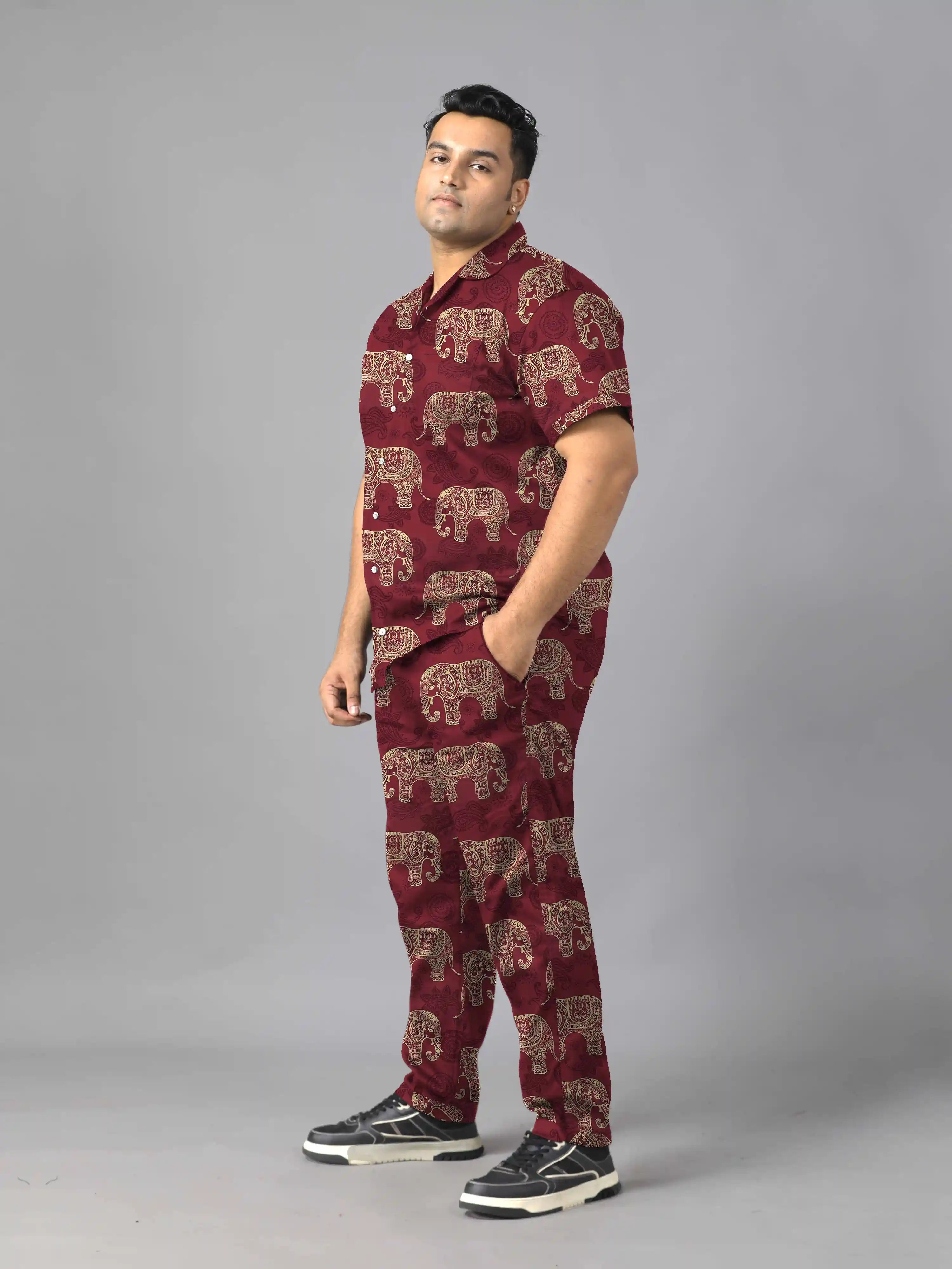 Ethnic Elephants Digital Printed Plus Size Men's Full Co-ord Set