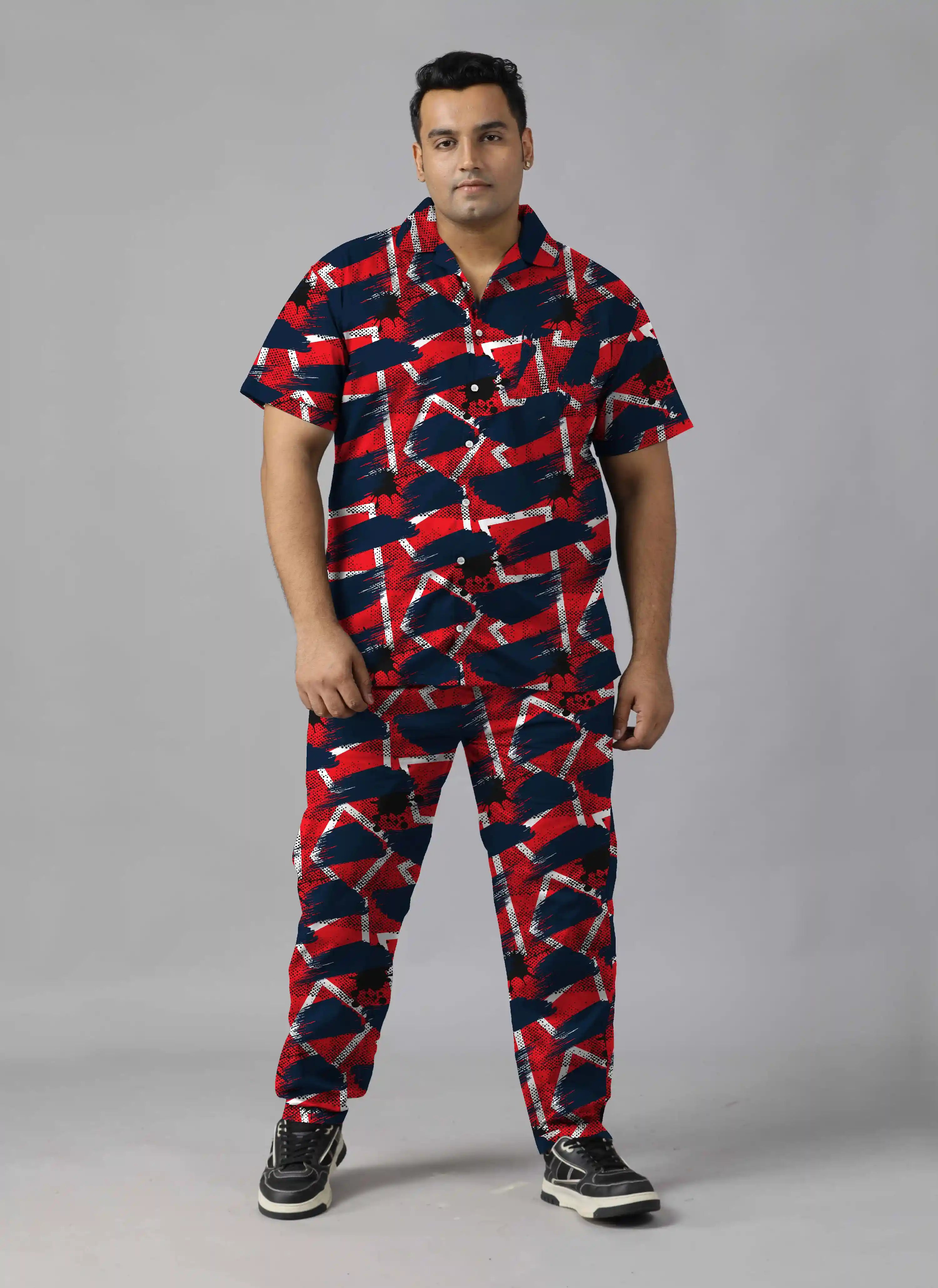 Geometric Lines Digital Printed Plus Size Men's Full Co-ord Set