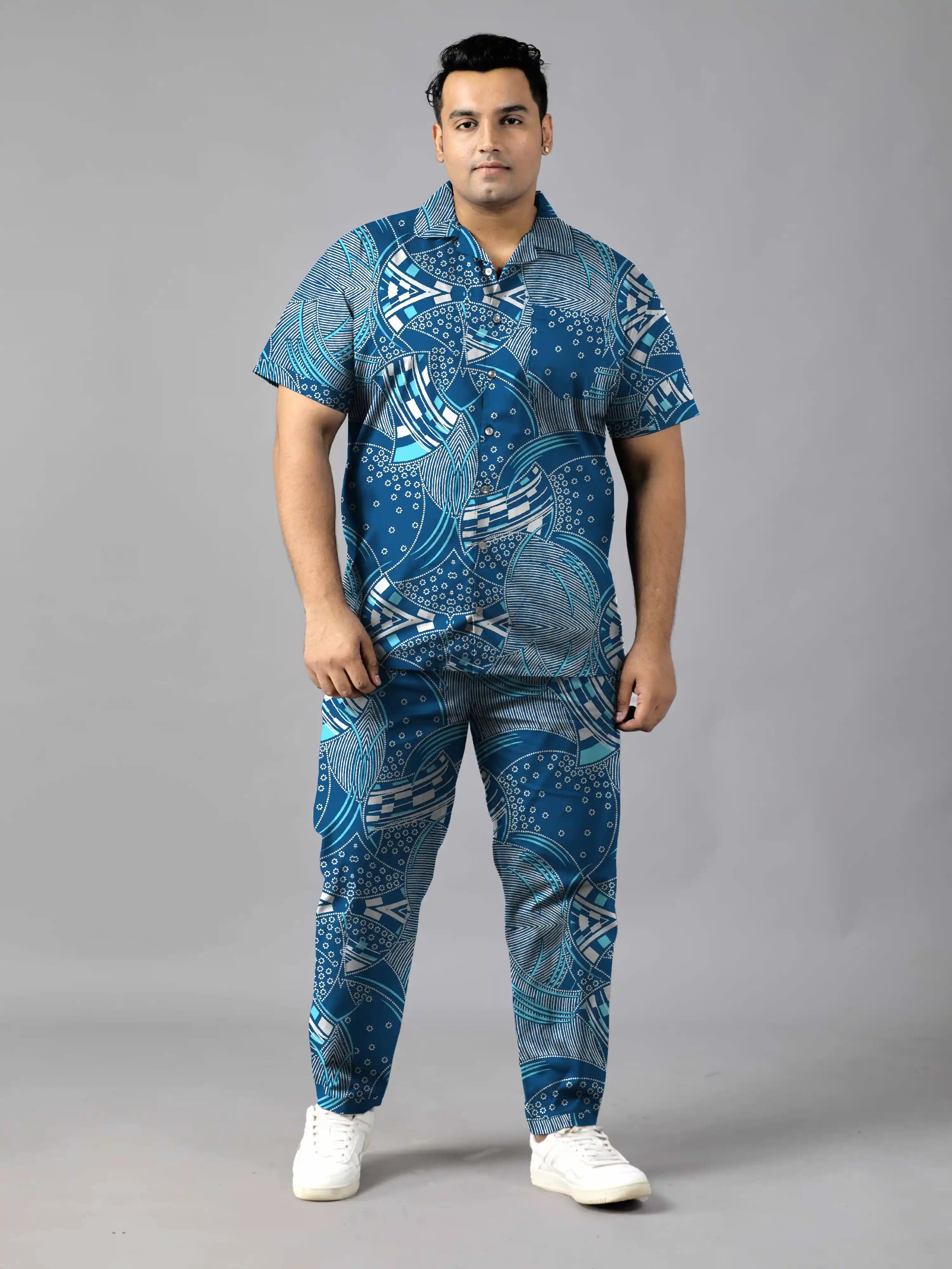 Blue and White Abstract Digital Printed Plus Size Men's Full Co-Ord Set