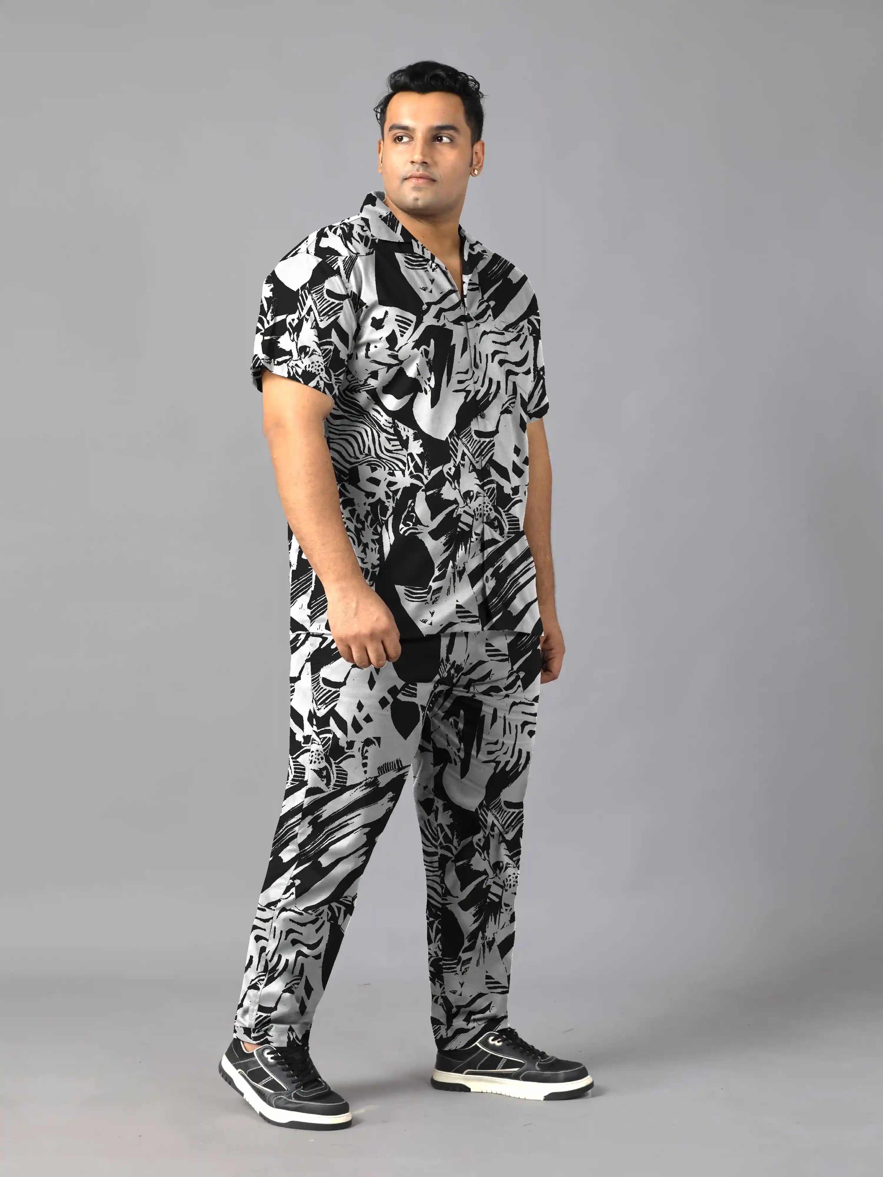 Grunge Abstract Pattern Digital Printed Plus Size Men's Full Co-Ord Set