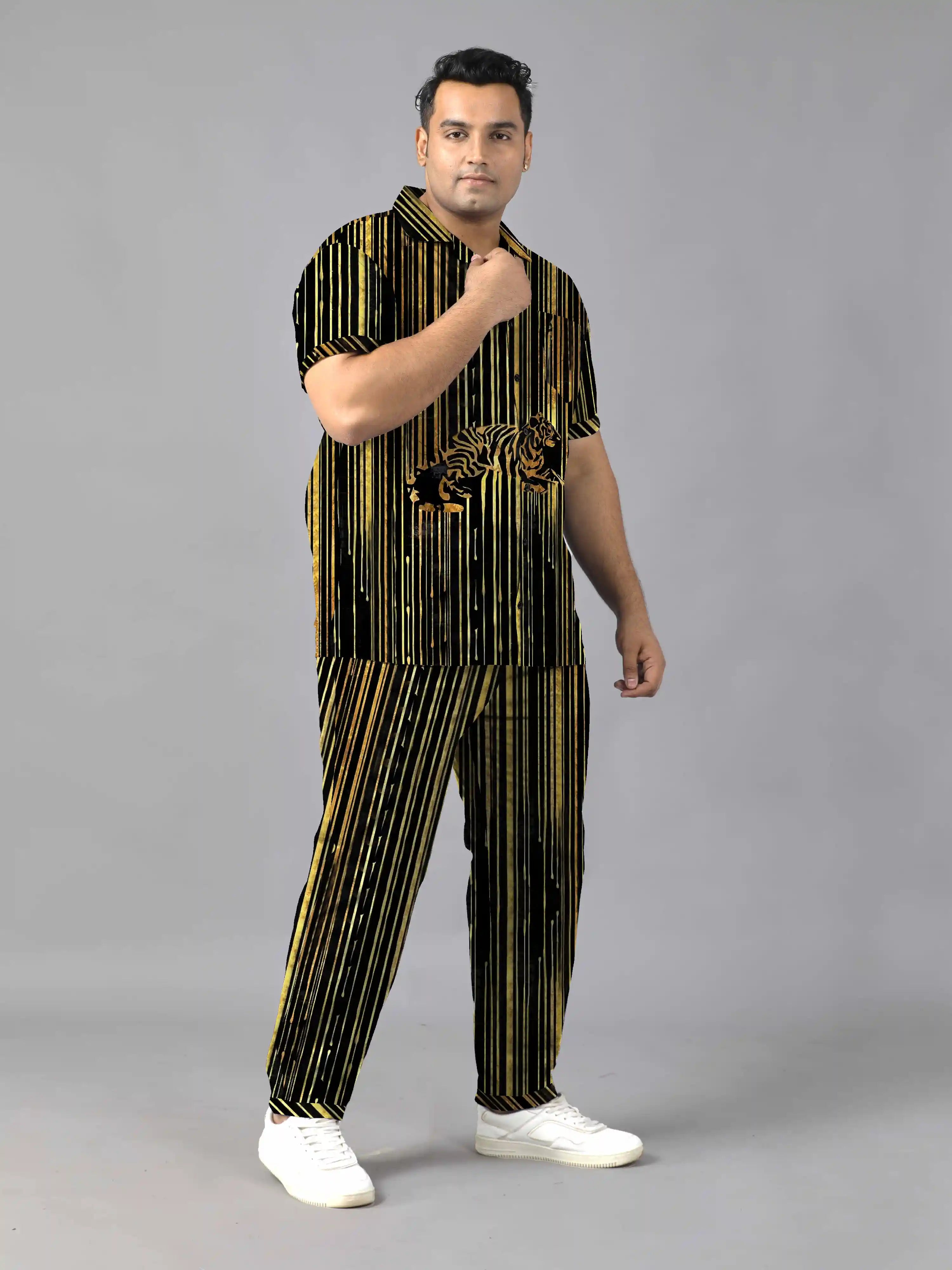 Stripes of Golden Tiger Plus Size Men’s Full Co-ord Set