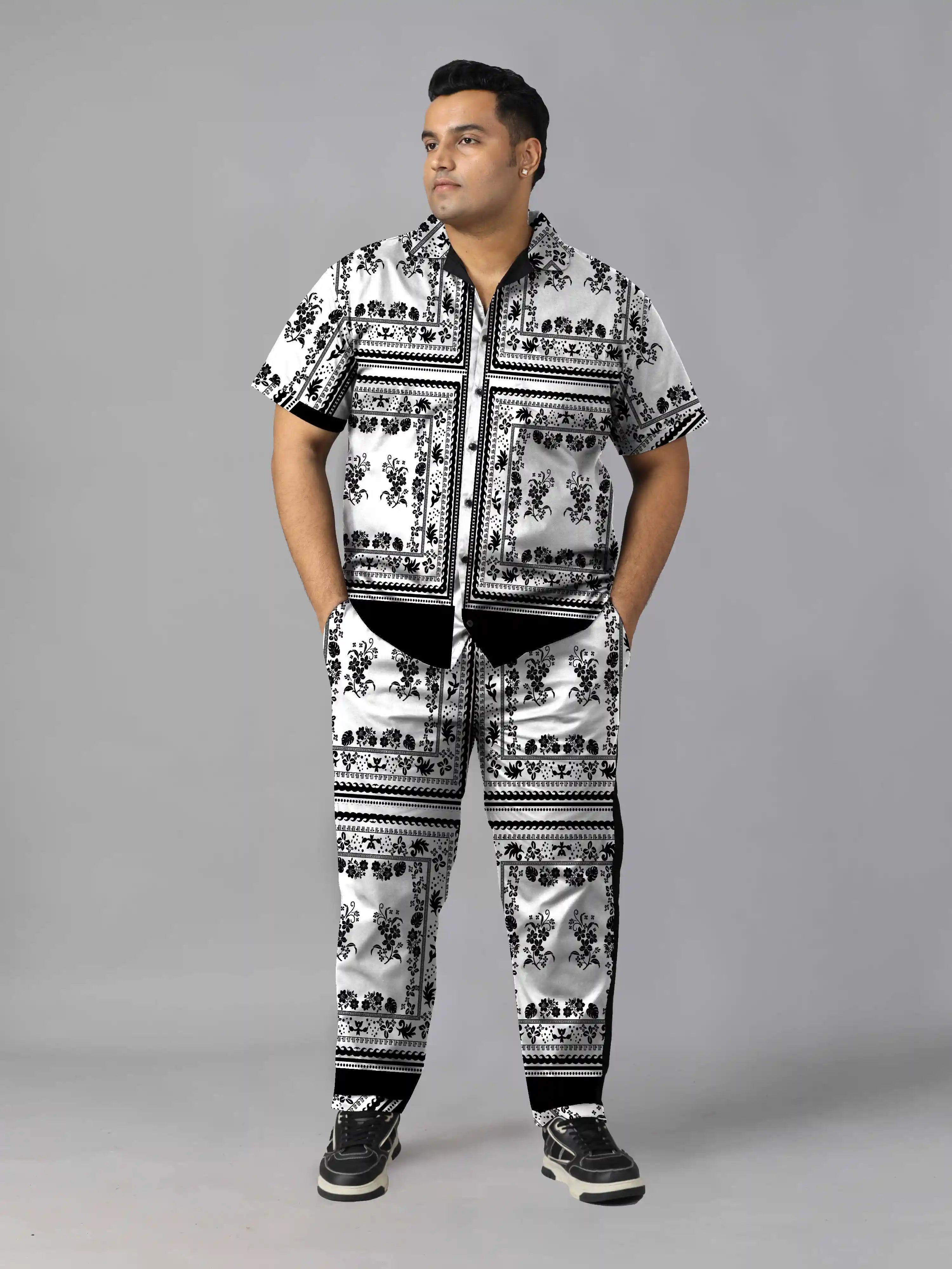White Floral Digital Printed Plus Size Men's Full Co-ord Set