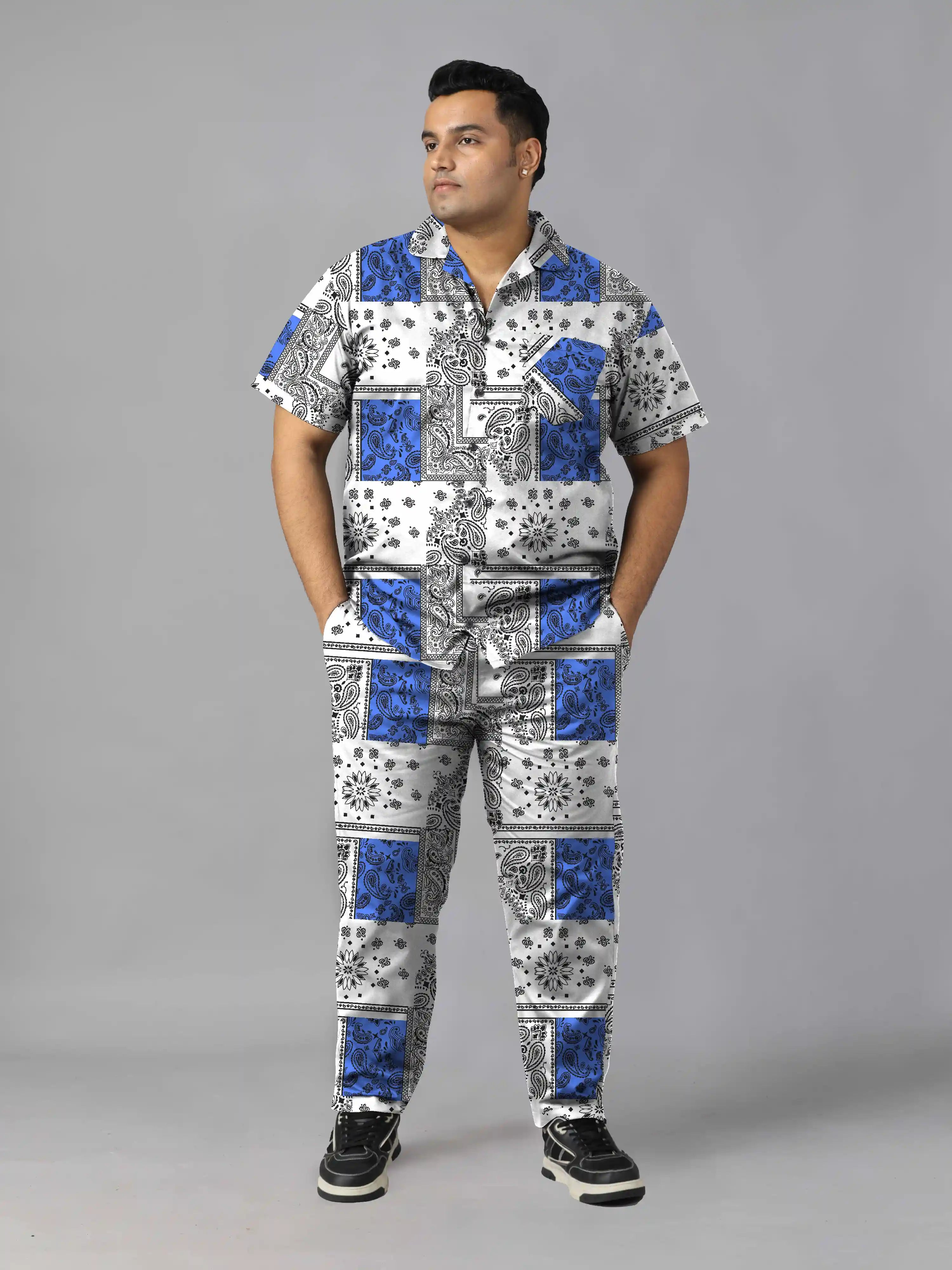 Blue Black Paisley Digital Printed Plus Size Men's Full Co-Ord Set