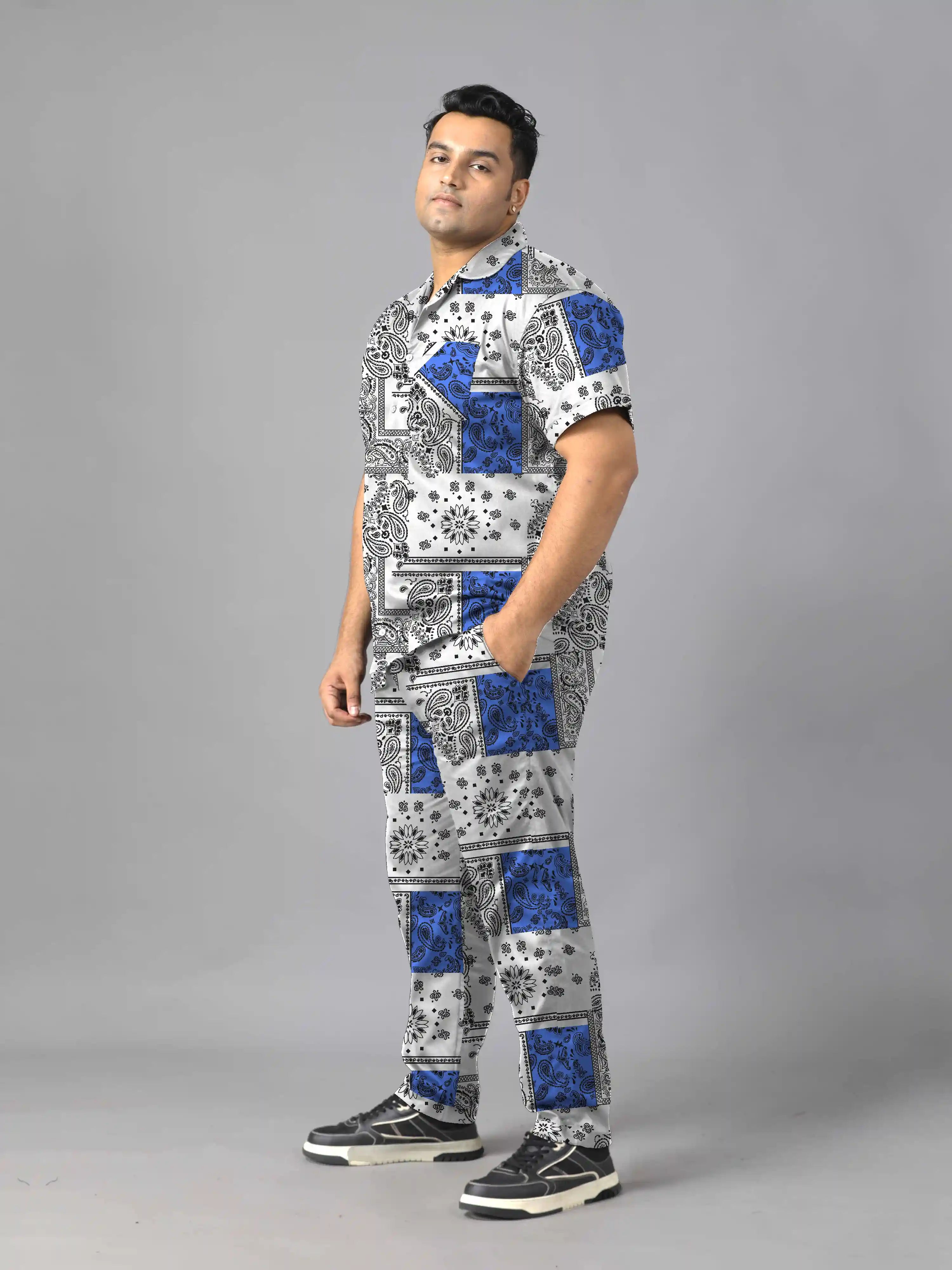 Blue Black Paisley Digital Printed Plus Size Men's Full Co-Ord Set