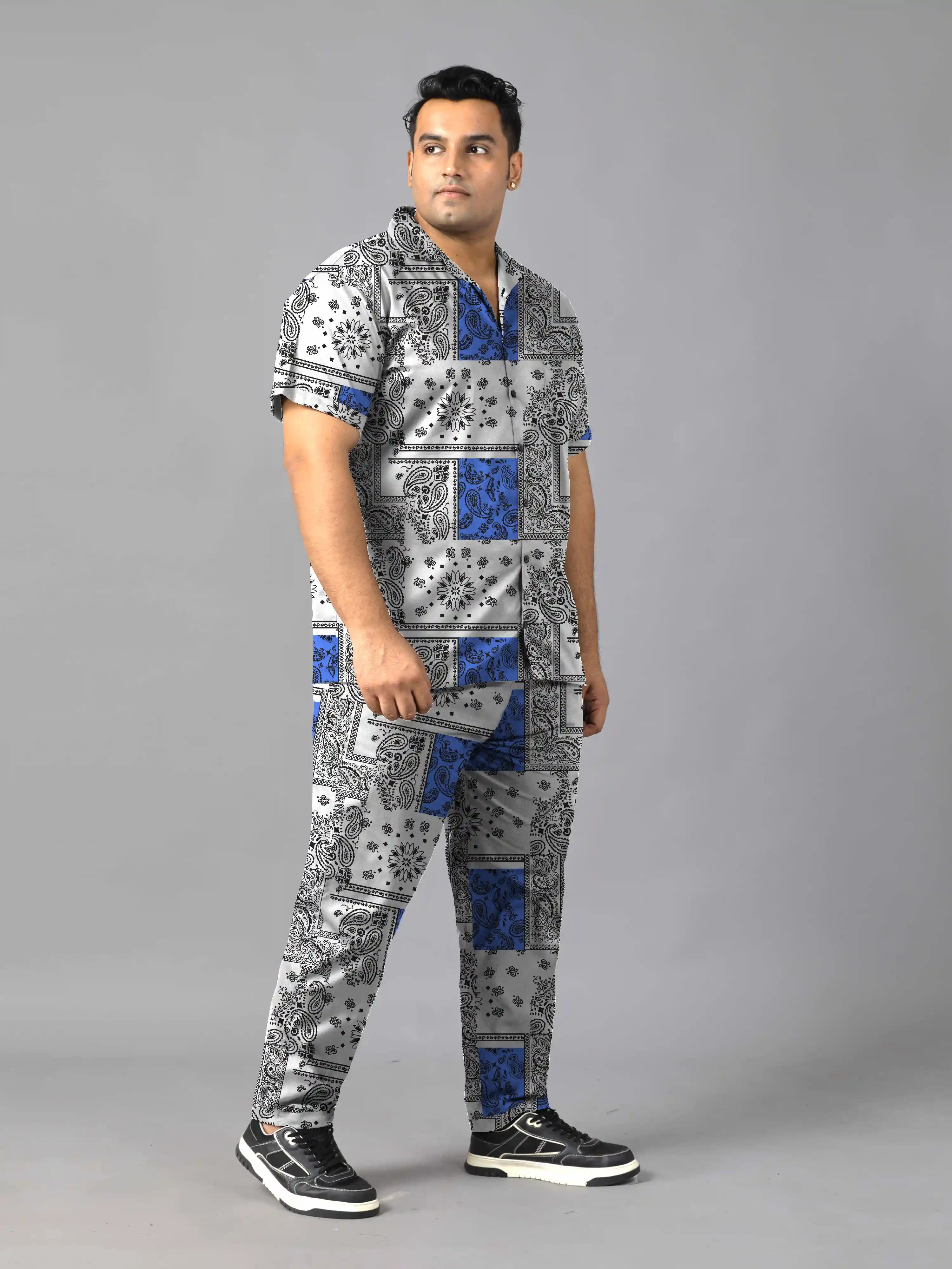 Blue Black Paisley Digital Printed Plus Size Men's Full Co-Ord Set