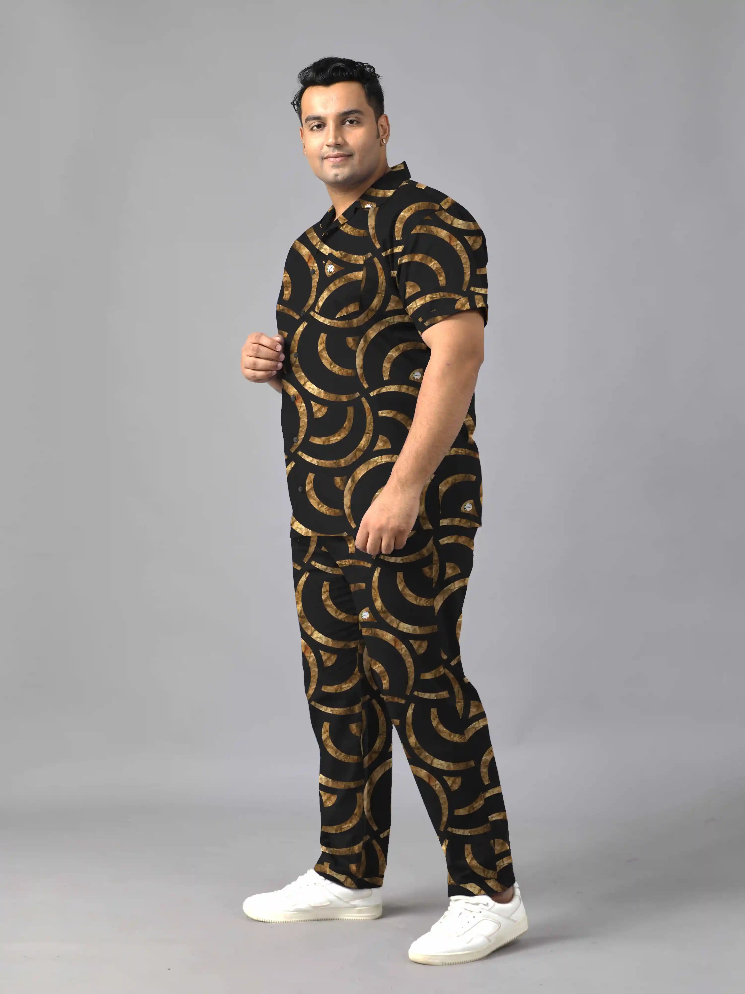 Golden Geometric Digital Printed Plus Size Men's Full Co-Ord Set