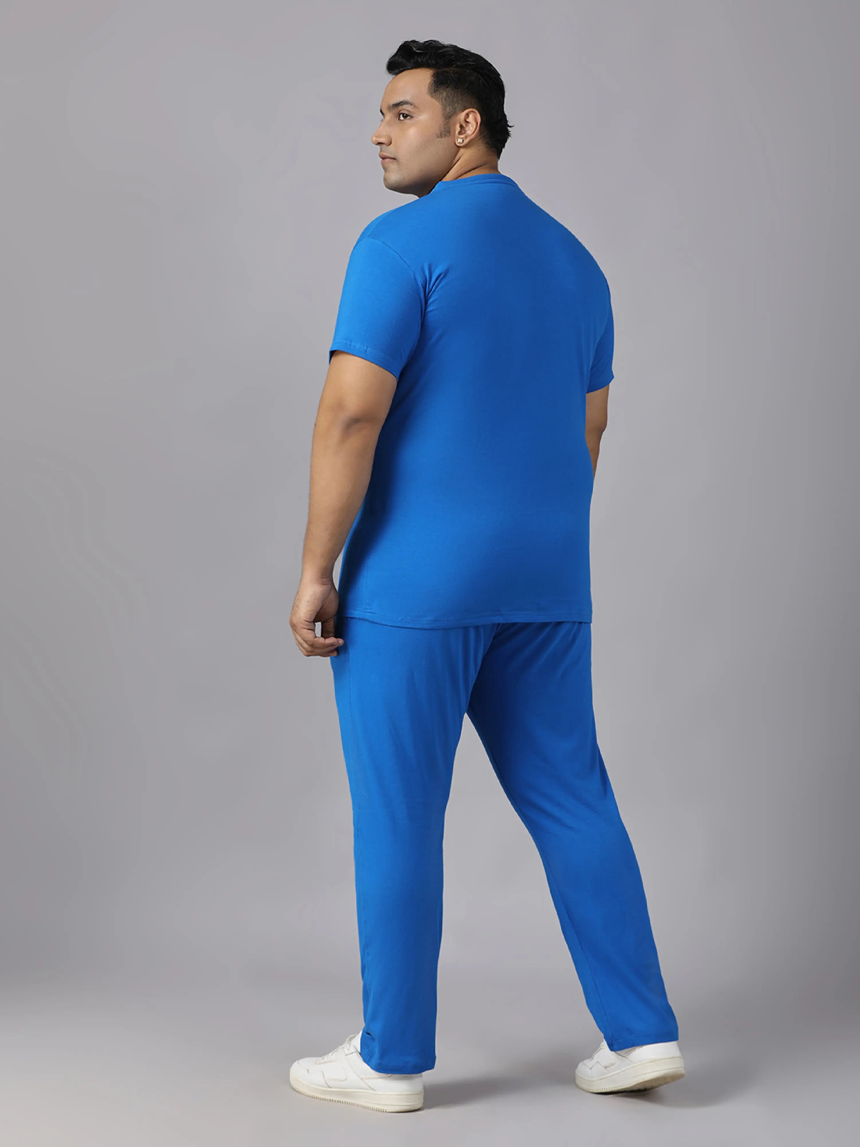 Blue Solid Knits Plus Size Men’s Full Co-ord Set