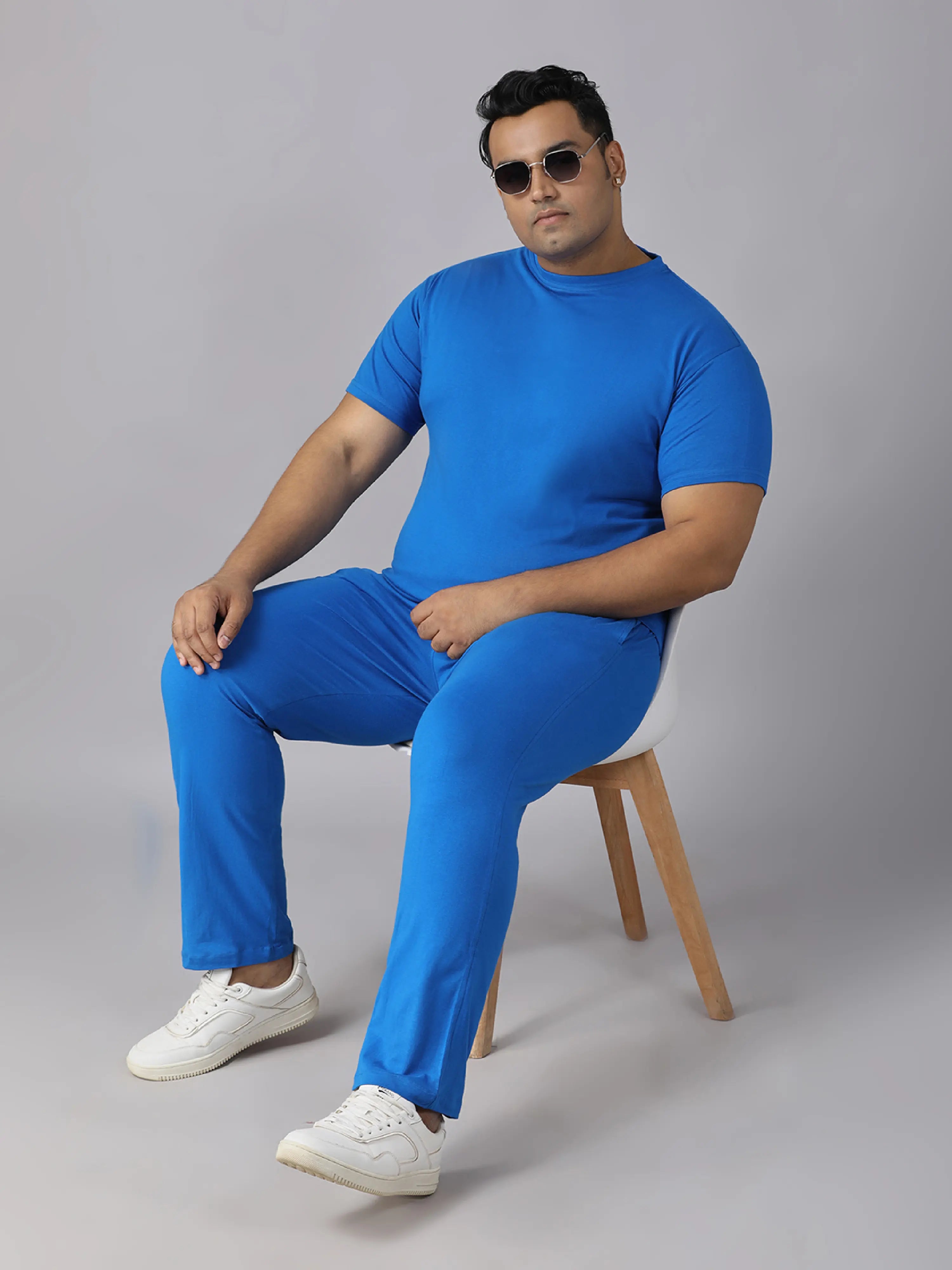 Blue Solid Knits Plus Size Men’s Full Co-ord Set