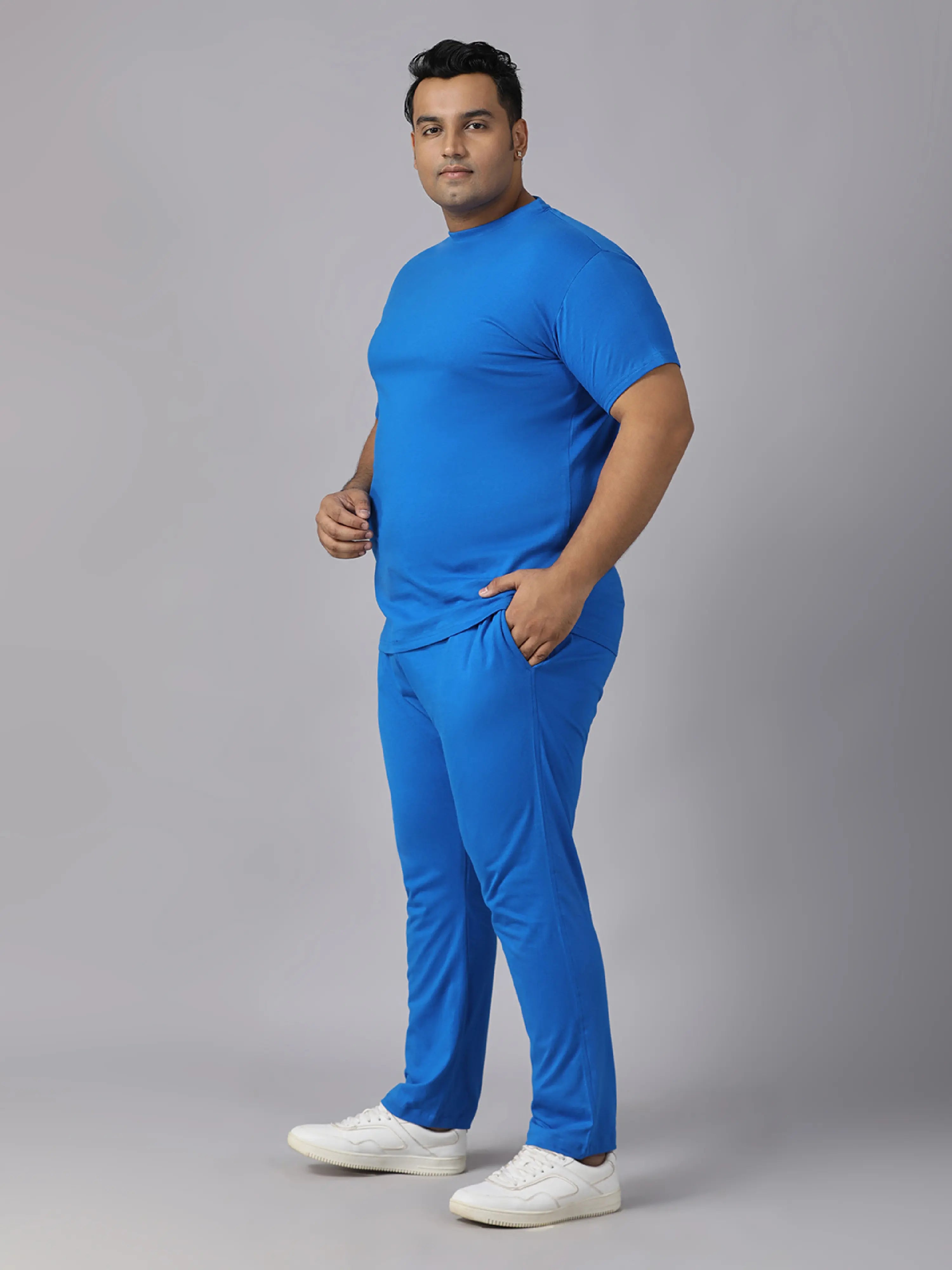 Blue Solid Knits Plus Size Men’s Full Co-ord Set