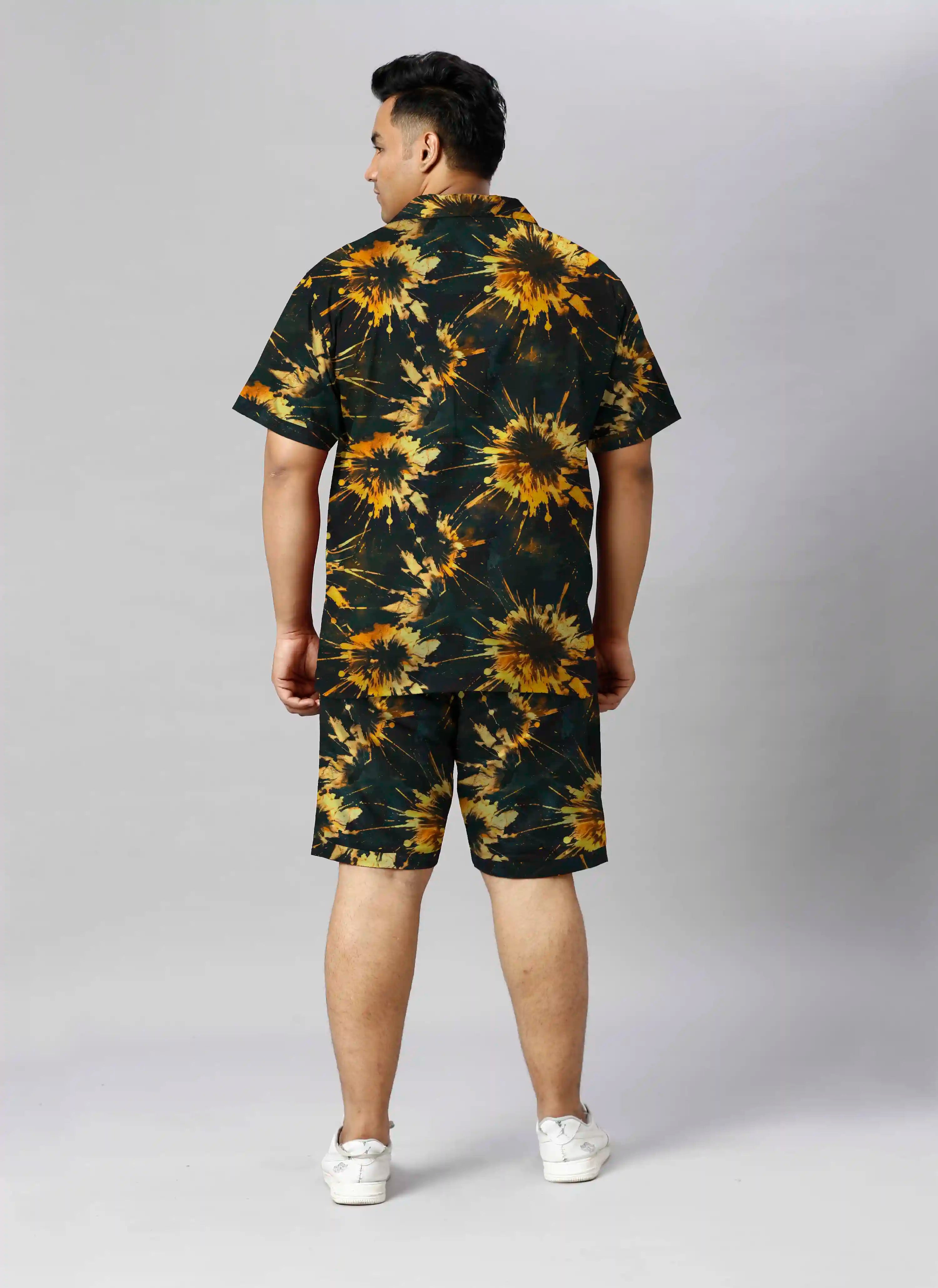Tie-Dye Golden Digital Printed Plus Size Men's Half Co-Ord Set