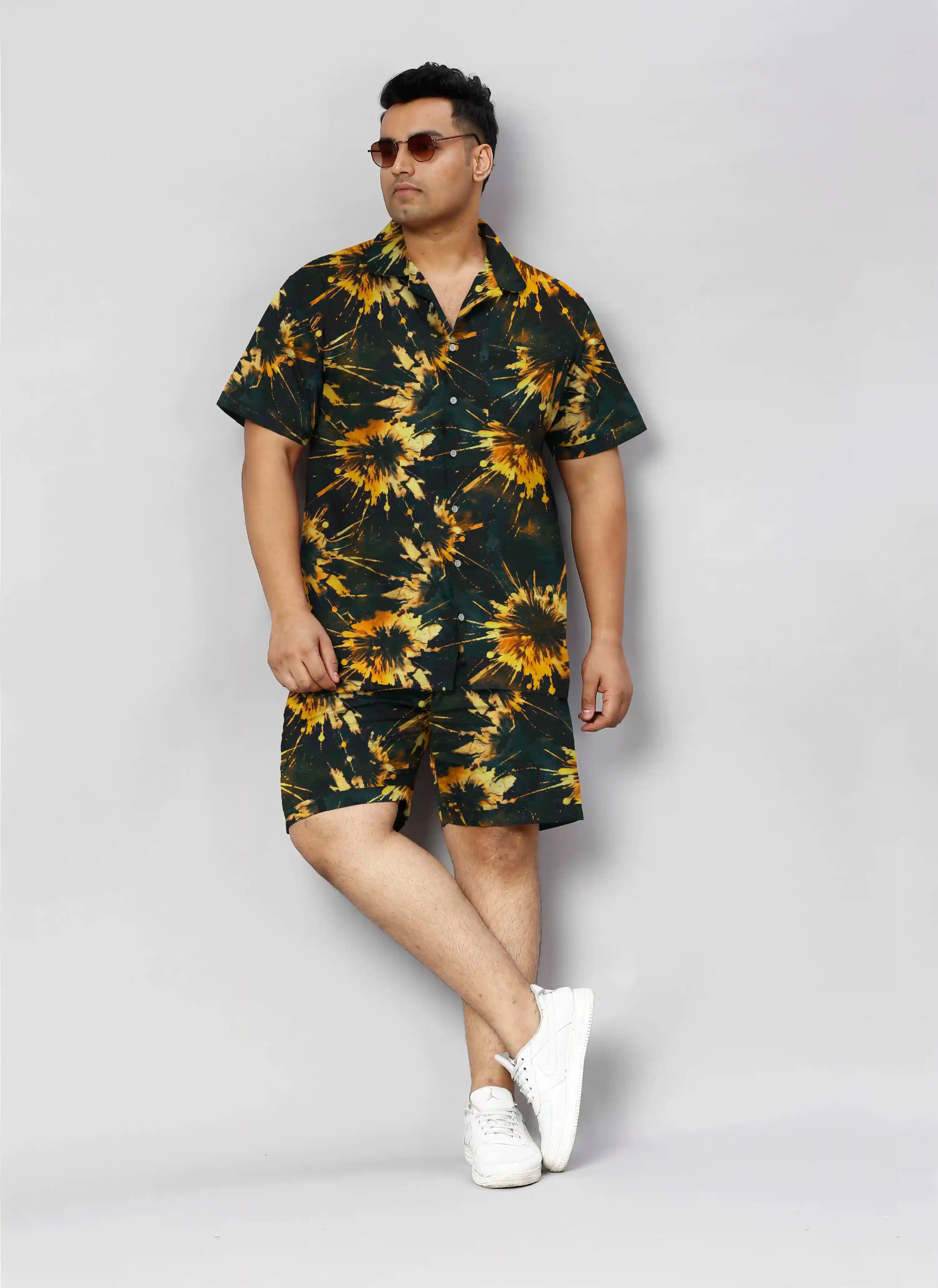 Tie-Dye Golden Digital Printed Plus Size Men's Half Co-Ord Set