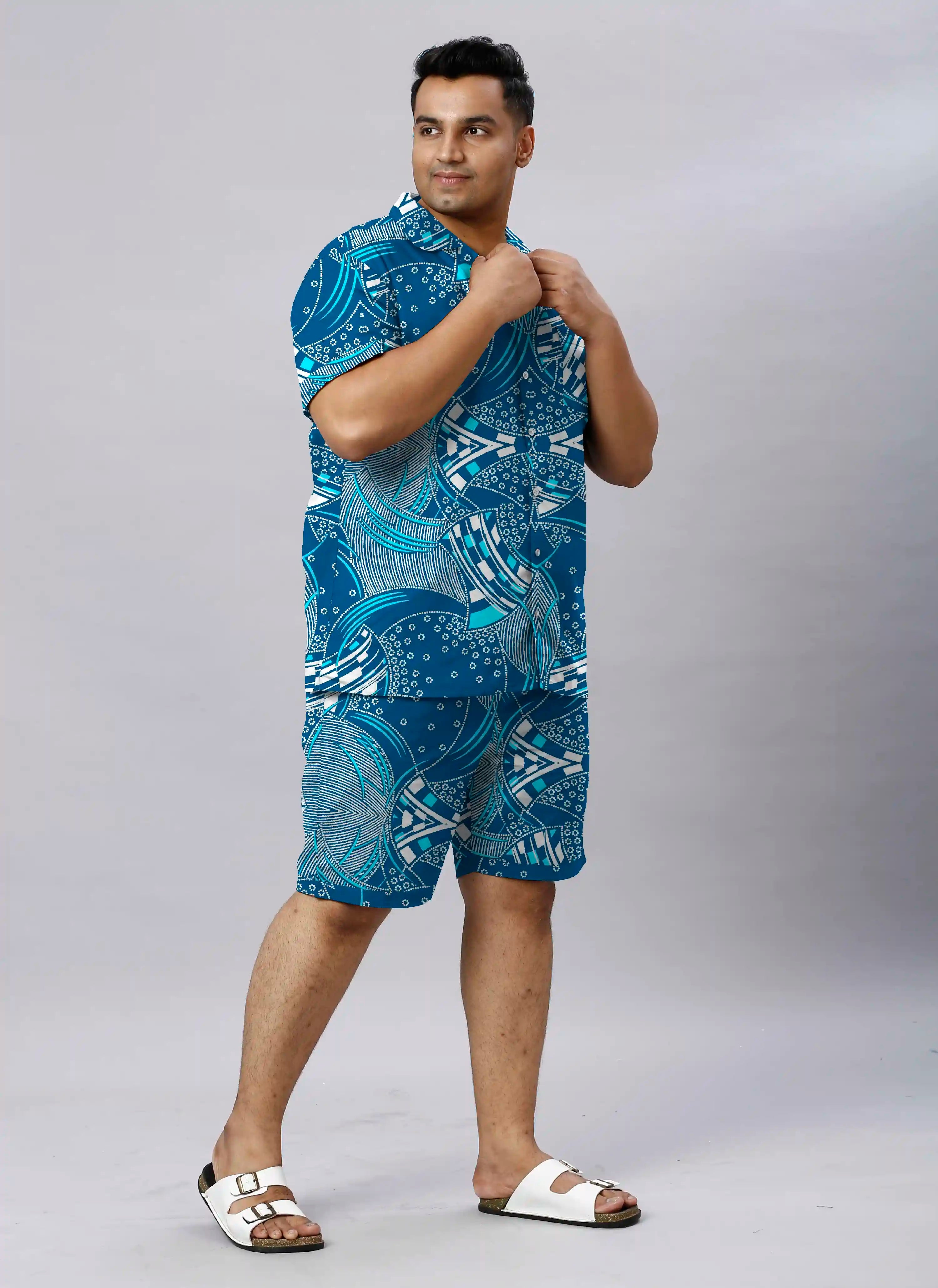 Blue and White Abstract Digital Printed Plus Size Men's Half Co-Ord Set
