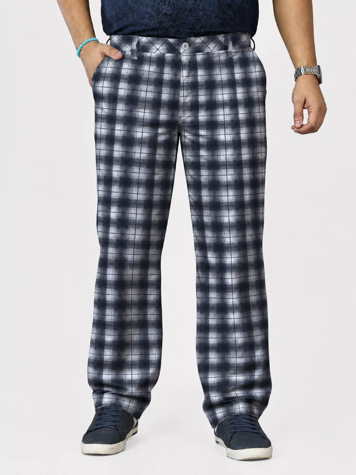 Blue Rustic Checks Digital Printed Twill Lycra Men's Plus Size Full Pant