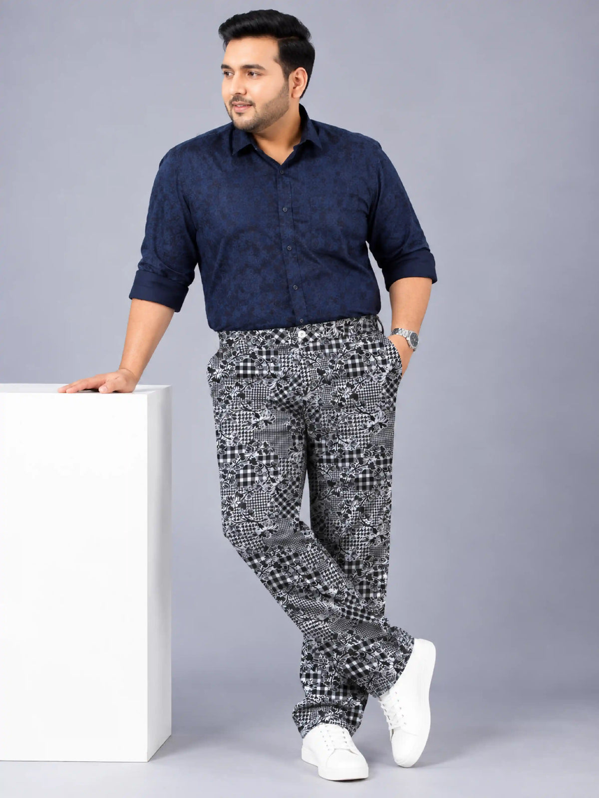 Checkered Floral Digital Printed Twill Lycra Men's Plus Size Full Pant