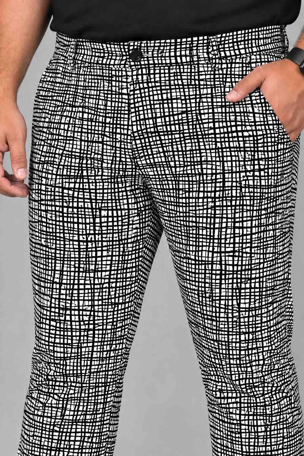 Urban Line Grid Digital Printed Twill Lycra Men's Plus Size Full Pant