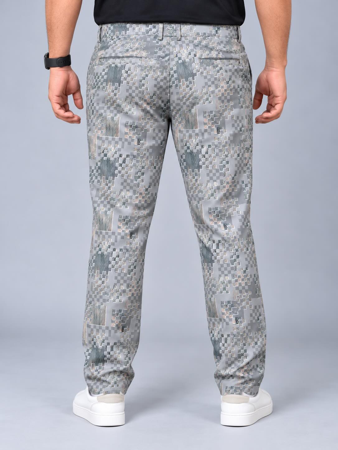 Abstract Grey Weave Printed Twill Lycra Men's Plus Size Full Pant