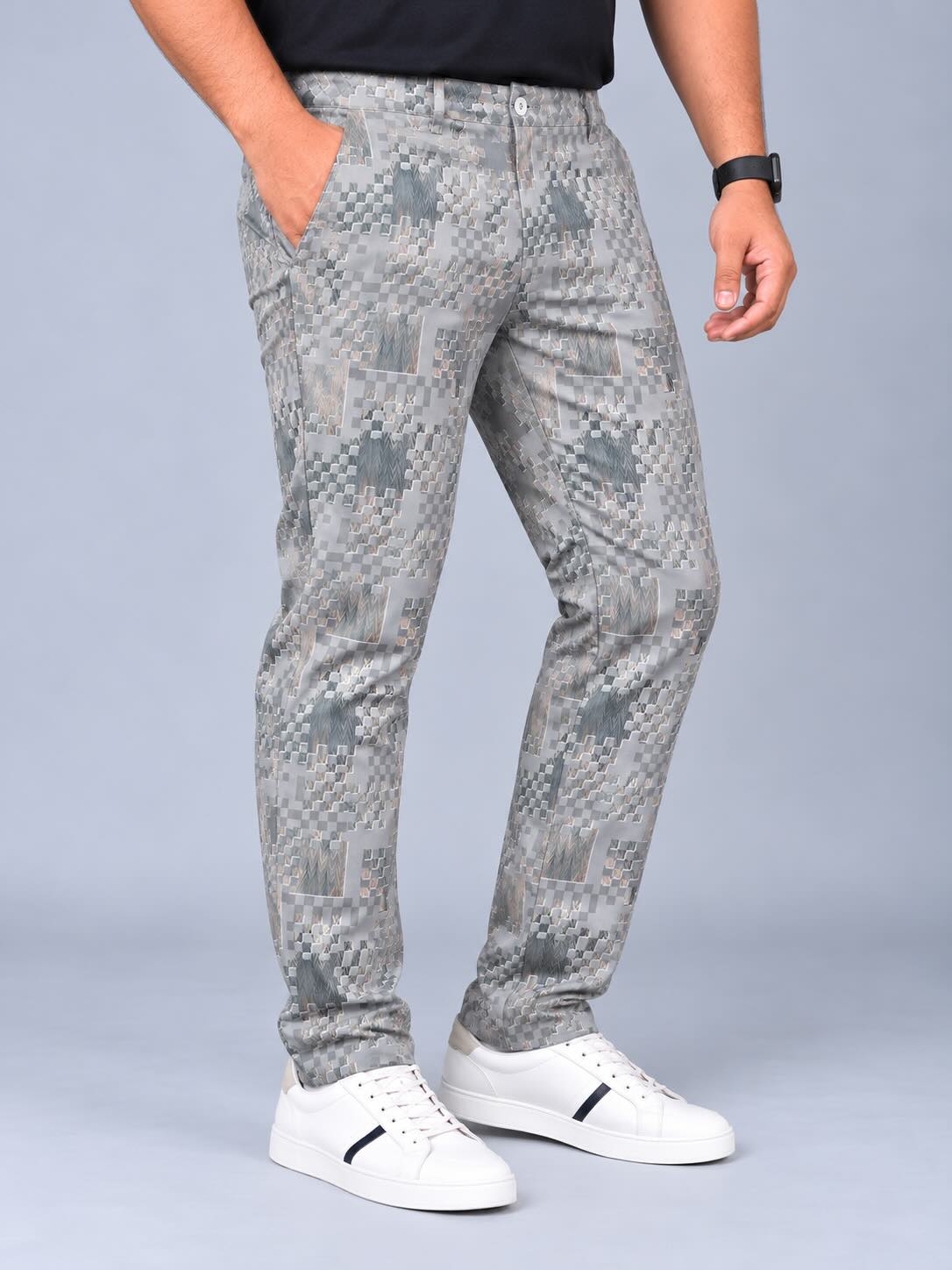 Abstract Grey Weave Printed Twill Lycra Men's Plus Size Full Pant