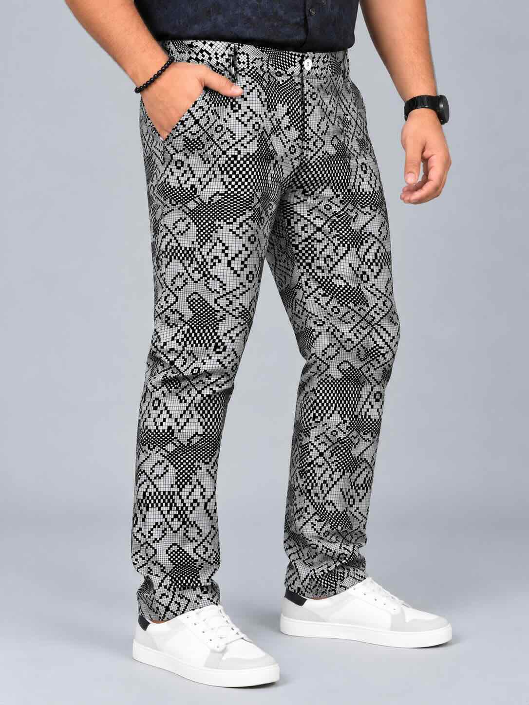 Pixel Paisley Printed Twill Lycra Men's Plus Size Full Pant