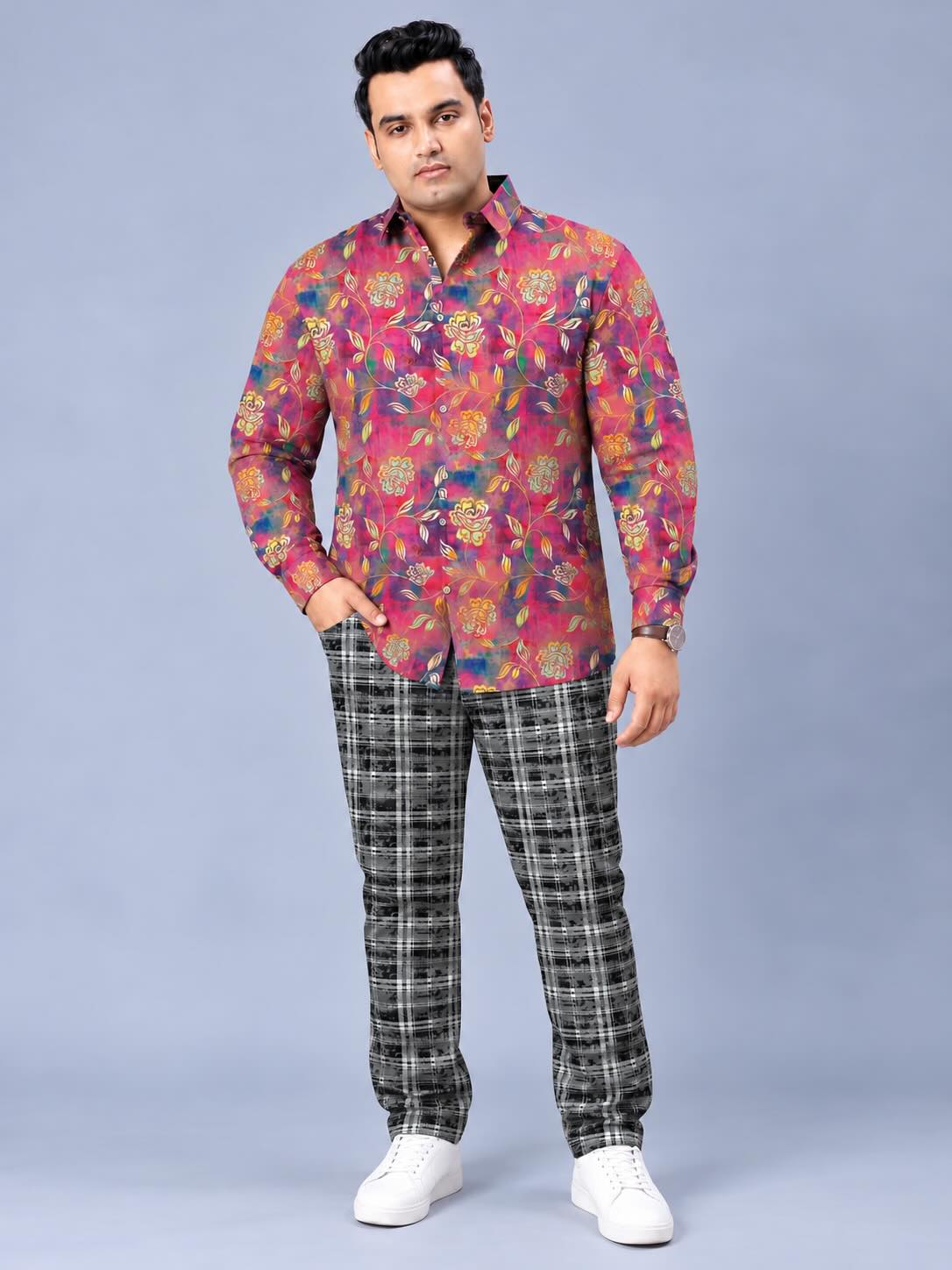 Classic Stone Checks Printed Twill Lycra Men's Plus Size Full Pant