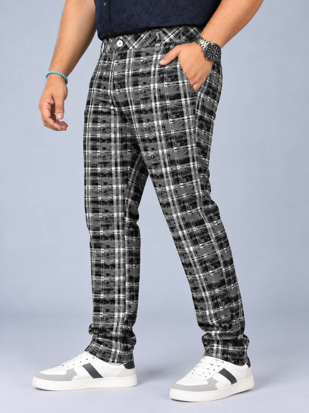 Classic Stone Checks Printed Twill Lycra Men's Plus Size Full Pant