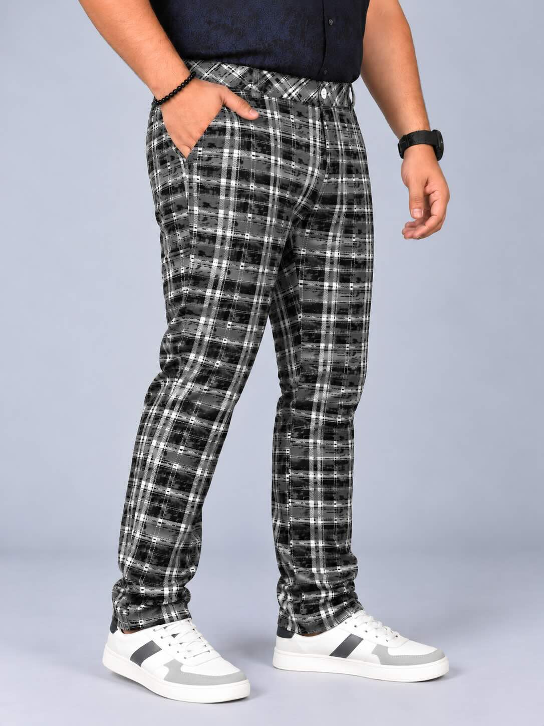 Classic Stone Checks Printed Twill Lycra Men's Plus Size Full Pant