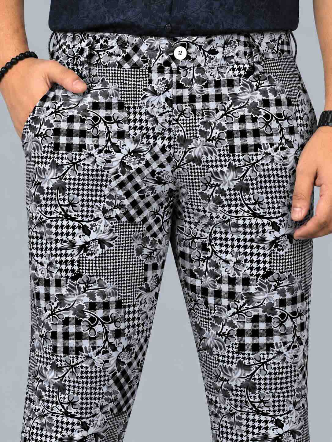 Floral Check Fusion Printed Twill Lycra Men's Plus Size Full Pant