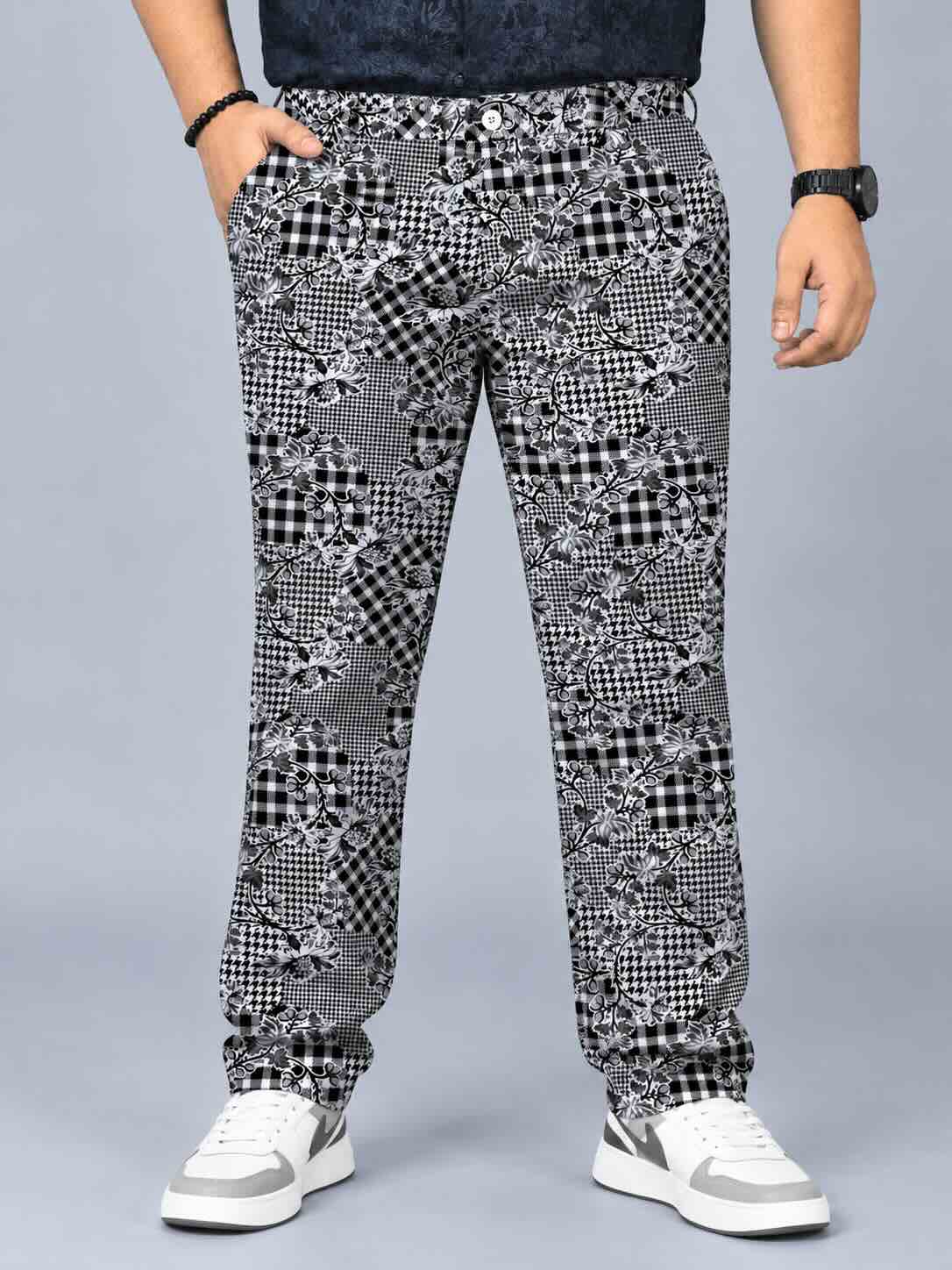 Floral Check Fusion Printed Twill Lycra Men's Plus Size Full Pant